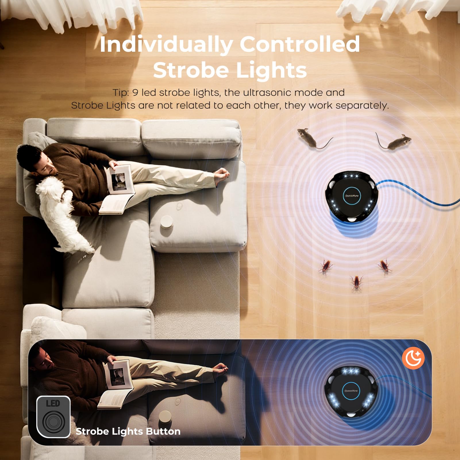 Ultrasons Souris et Rats avec 3 Emetteurs à Ultrasons, 3 Modes Anti Souris Répulsif Souris Brancher avec 9 Lumières Stroboscopiques, 360° Anti Rongeurs pour Rat Araignée Moth