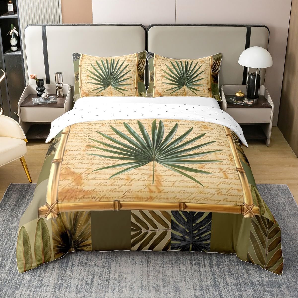 Castle Fairy Palm Tree 100% Nature Cotton Kids Duvet Cover Queen Size 3pcs,Green Leaves Plant Beige Plaid Reversible Bedding Set with 2 Pillowcases,Retro Grid Patchwork Nature Soft Quilt Cover