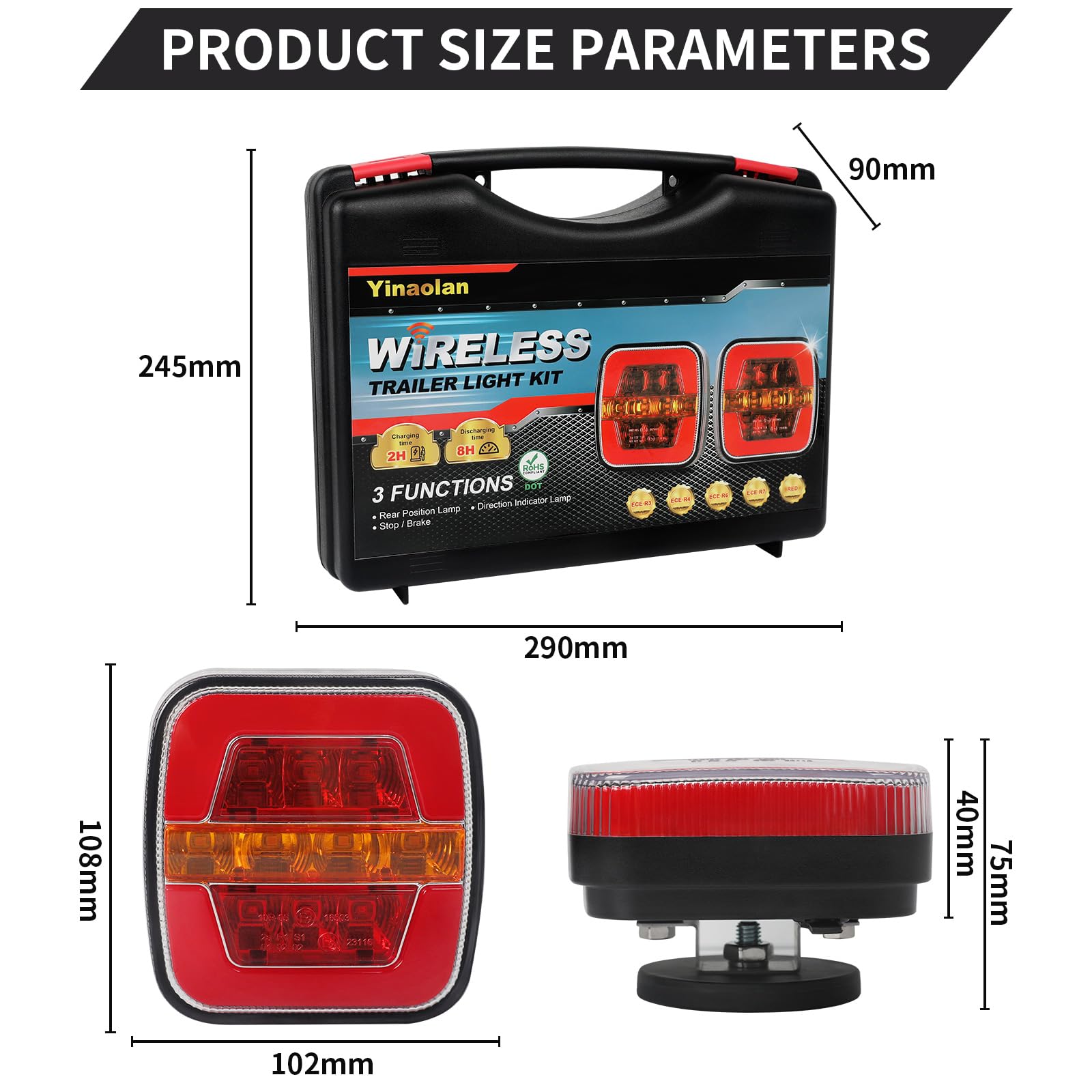 Luci posteriori per rimorchio senza fili Luci posteriori per camion magnetiche a LED Senza cavo 12V/24V impermeabile, ricaricabile, con spina a 7 pin per rimorchio, camion, roulotte