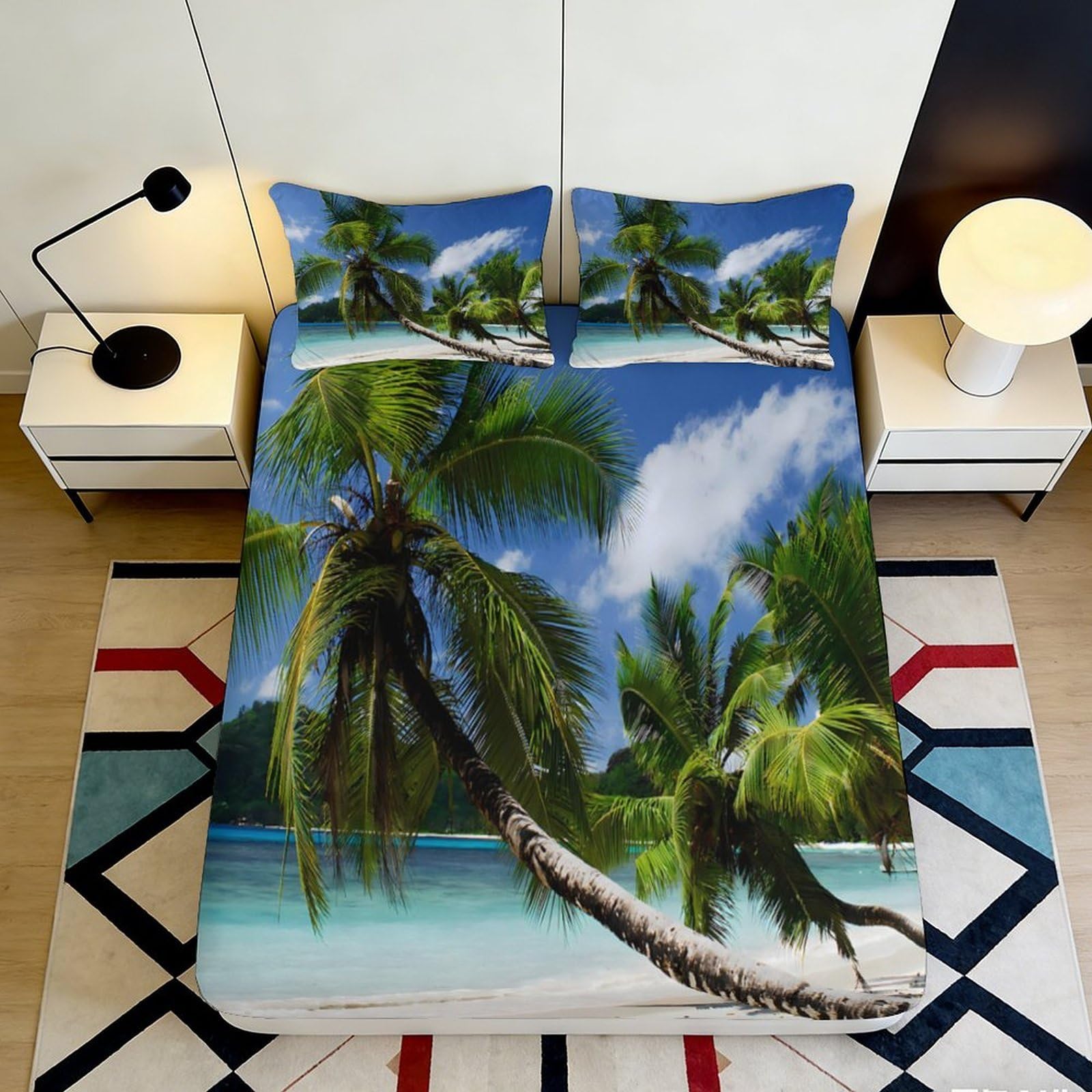 3D Printed Tropical Palm Beach Fitted Sheet Microfiber Soft Breathable Ocean Paradise Bed Cover for Bedroom Decor 120x200x25cm