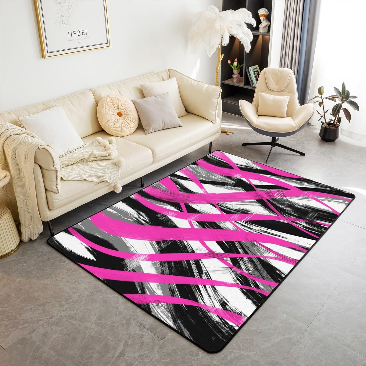 Feelyou Hot Pink Black Stripes Living Room Rugs Area Rug 3x5 Kids Geometric Accent Rug for Boys Modern Striped Art Indoor Floor Mat Non-Slip Abstract