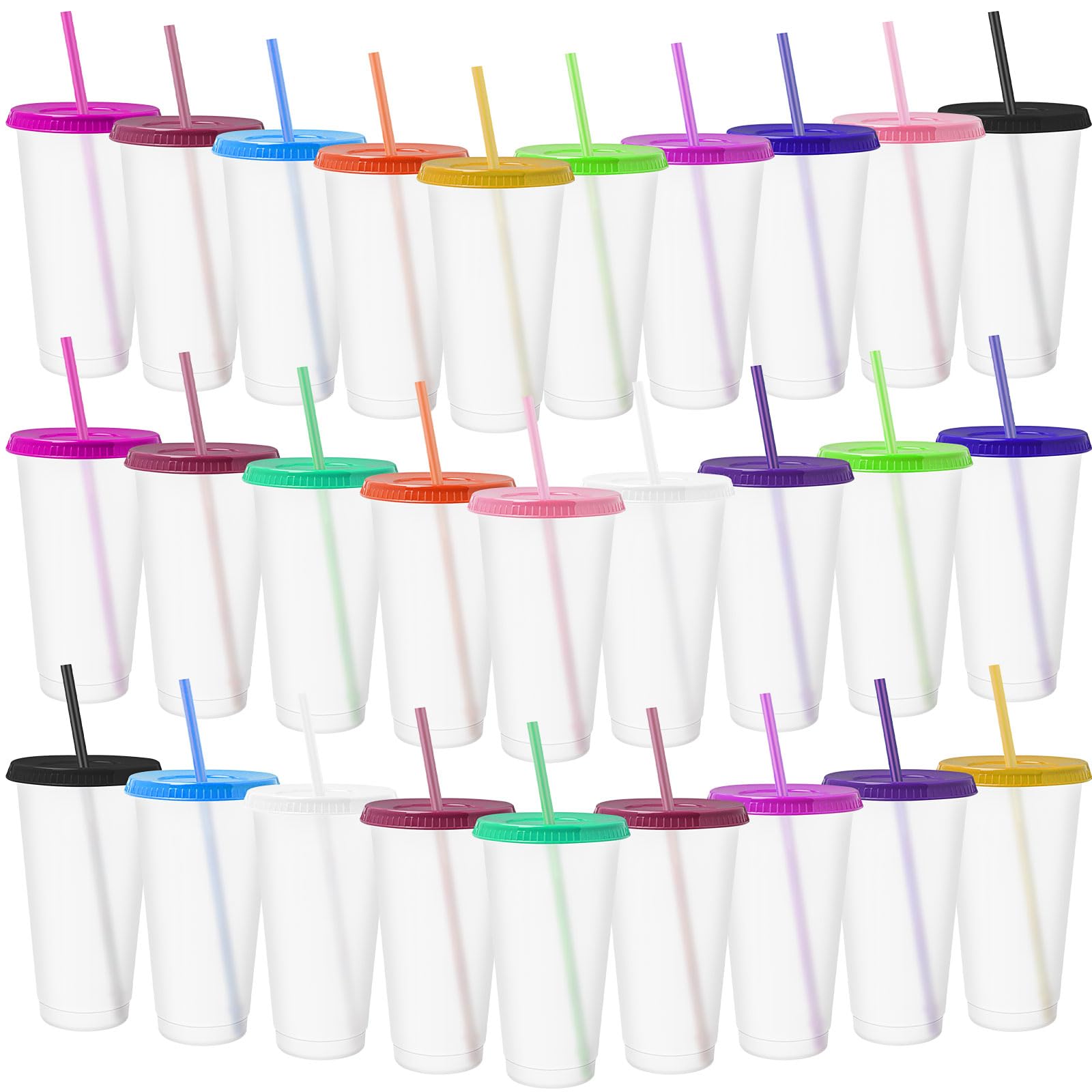 MSYU 28 Pack Plastic Tumblers with Lids and Straws, 24 oz Reusable Tumbler Water Bottle Iced Coffee Travel Mug Cup Clear Plastic Drink Cups Bulk for Parties Birthdays
