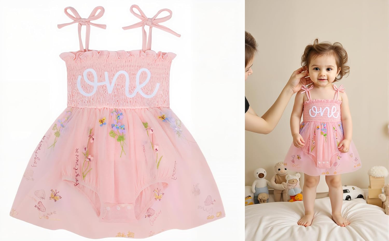 Baby Girl First Birthday Outfit Summer Sleeveless Smocked Fairy Berry One Romper Tulle Dress + Headband - Image 4