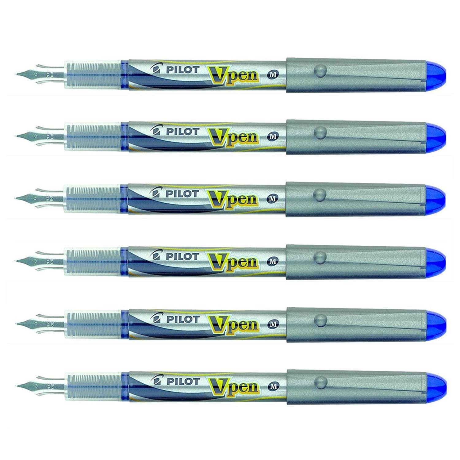 PILOT Lot de 6 Stylos plume Jetable V-Pen SILVER Pointe Moyenne Bleu