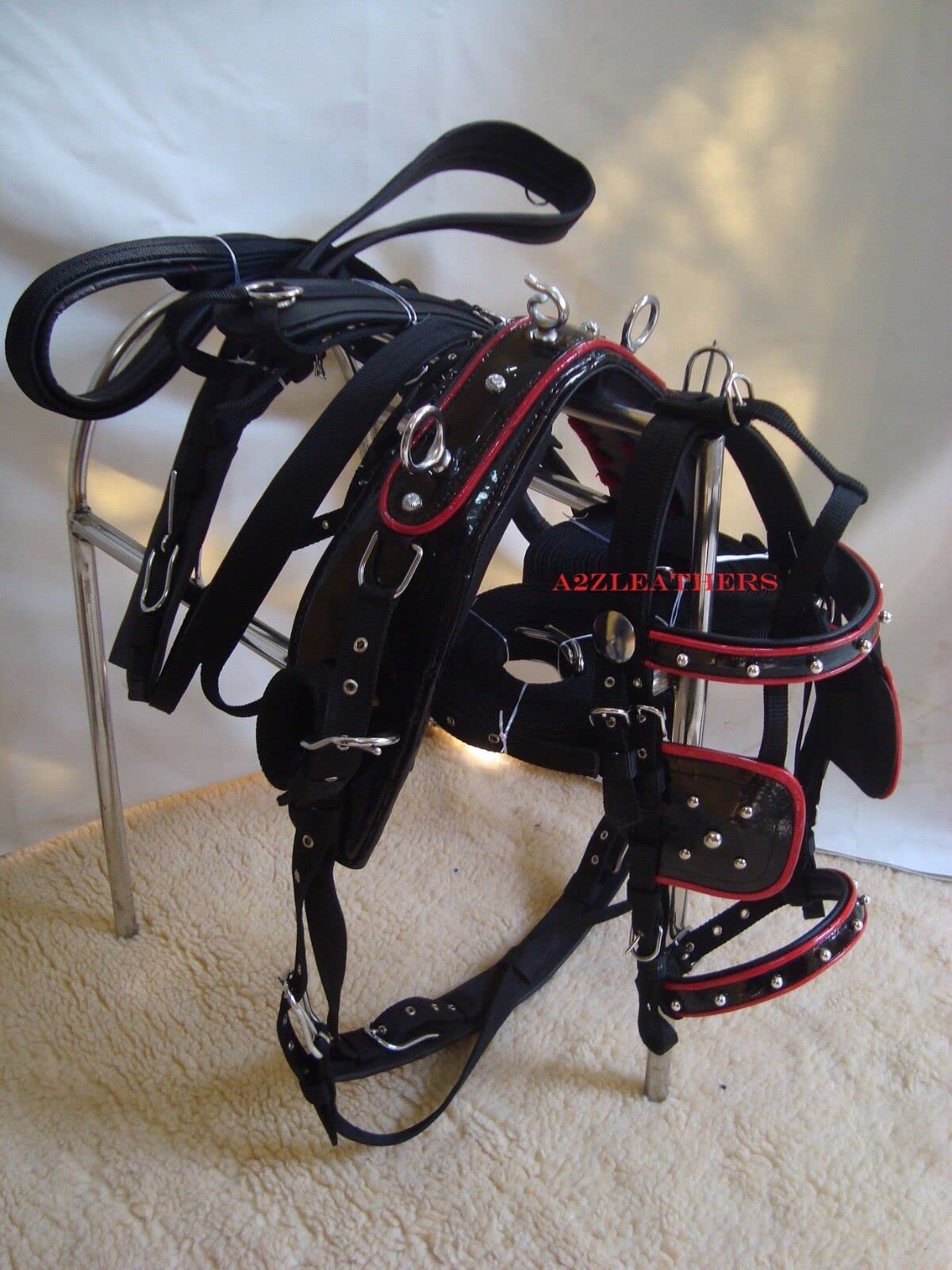 Nylon Driving Harness for Single Horse In Red/White With SHOWMEN CRAFT0MM Artificial Diamond (zircon cubique) Brow band Bridle in 4 tailles (Full to Shetland)
