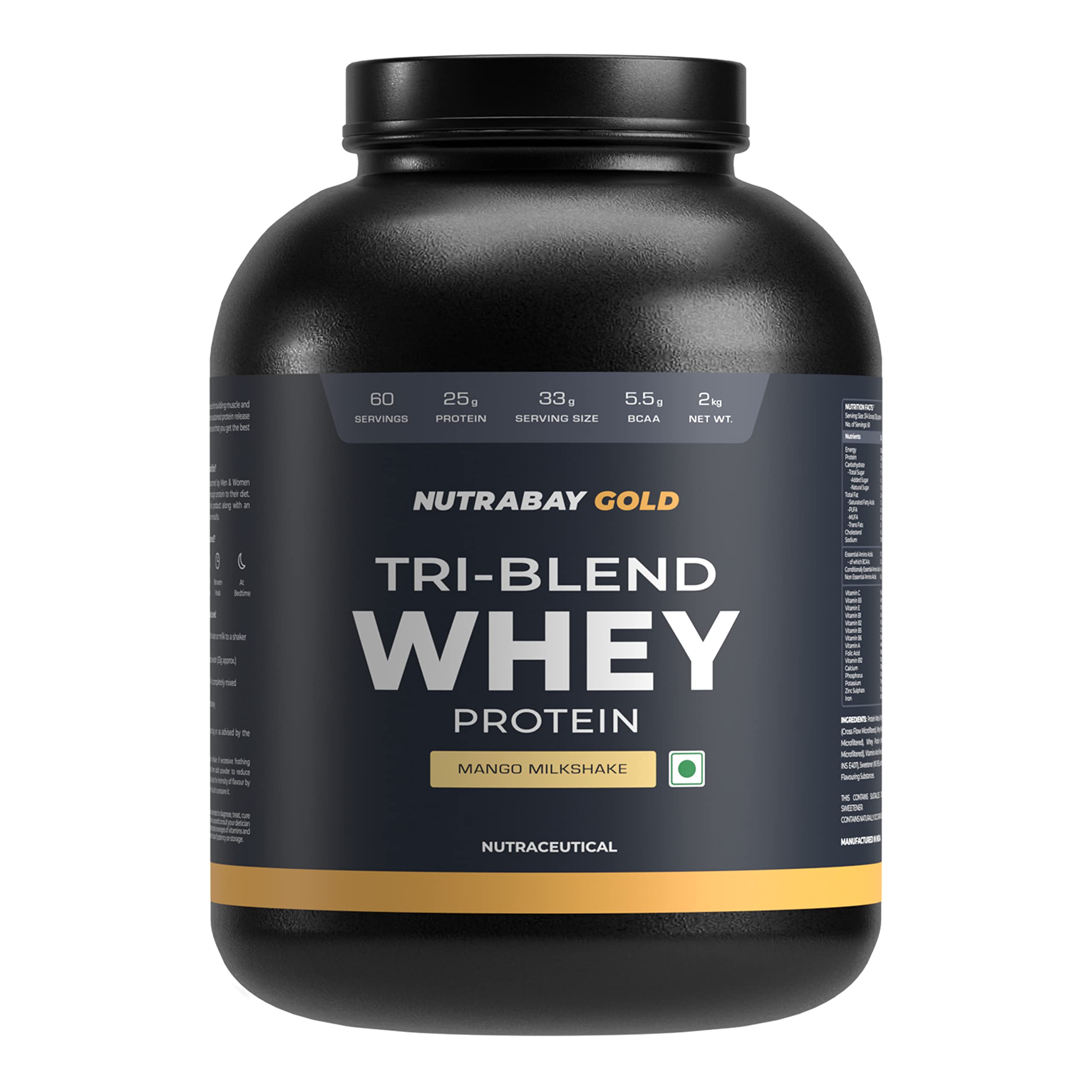 Nutrabay Gold Tri Blend Whey Protein Powder - 2kg, Mango Milkshake | 25g Protein, 5.5g BCAA | Concentrate, Isolate, Hydrolyzed Protein | Muscle Growth & Recovery | Gym Supplement for Men & Women