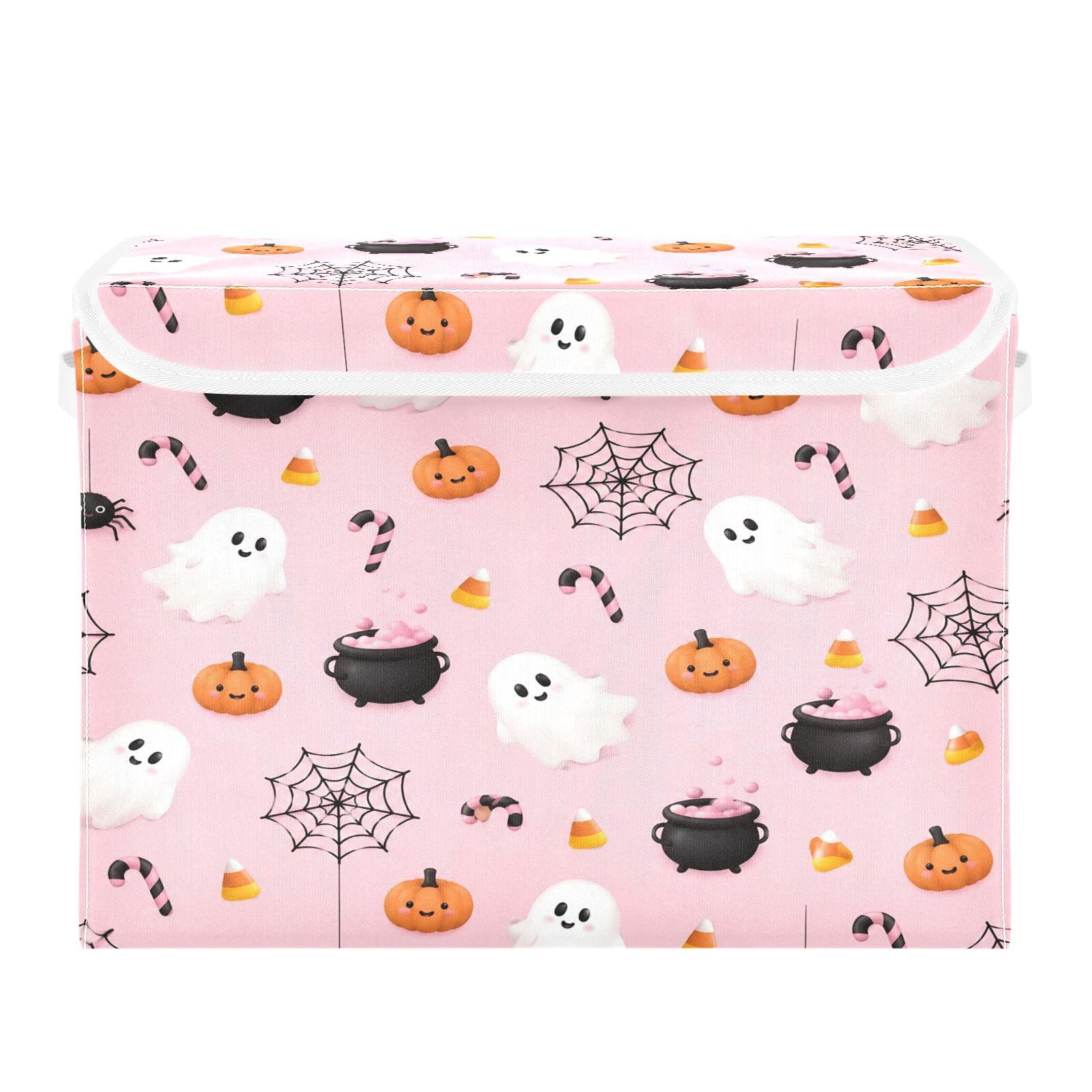 Ewusp Halloween Boo Fabric Storage Bin with Lid, Decorative Foldable Storage Basket with Handles, Stackable Closet Shelf Organiser Box for Clothes, Books, Bedroom, Living Room