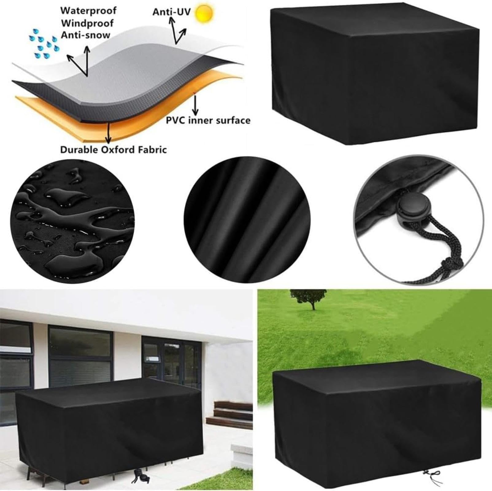 Copertura per mobili da giardino in tessuto Oxford 420D, impermeabile, 225 x 116 x 82 cm, per mobili da esterno, in rattan, set di coperture per mobili da giardino, per divano da esterno, nero
