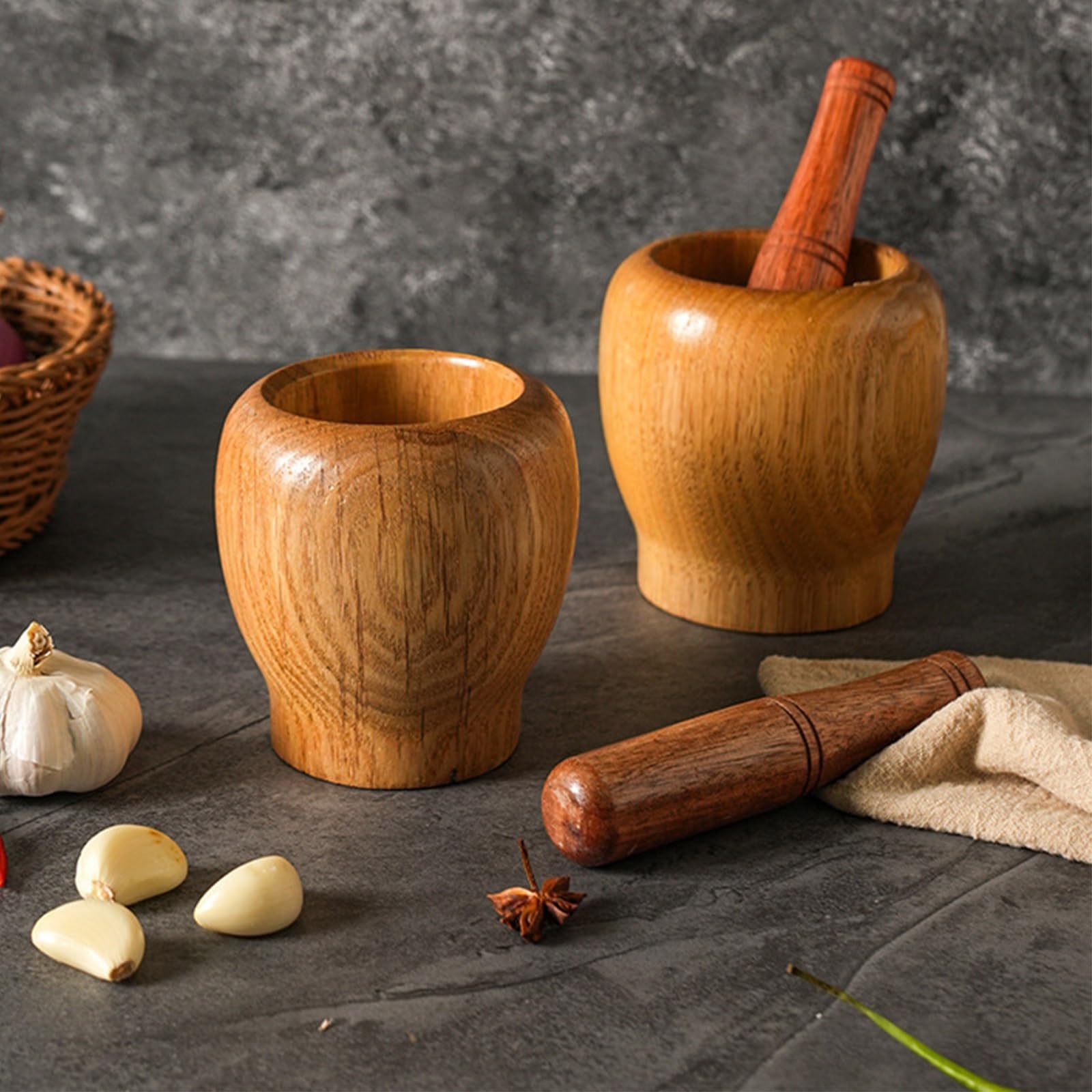 Vnook Haushaltsmühle Stampfer, Knoblauchginger Mühle, Mörsermühle, Knoblauch Stampfer, Holzmörser und Stößel Set, Gewürz Stampfer, Für Mahlen Knoblauch, Nüssen Gewürzen(11.5x11.2cm)