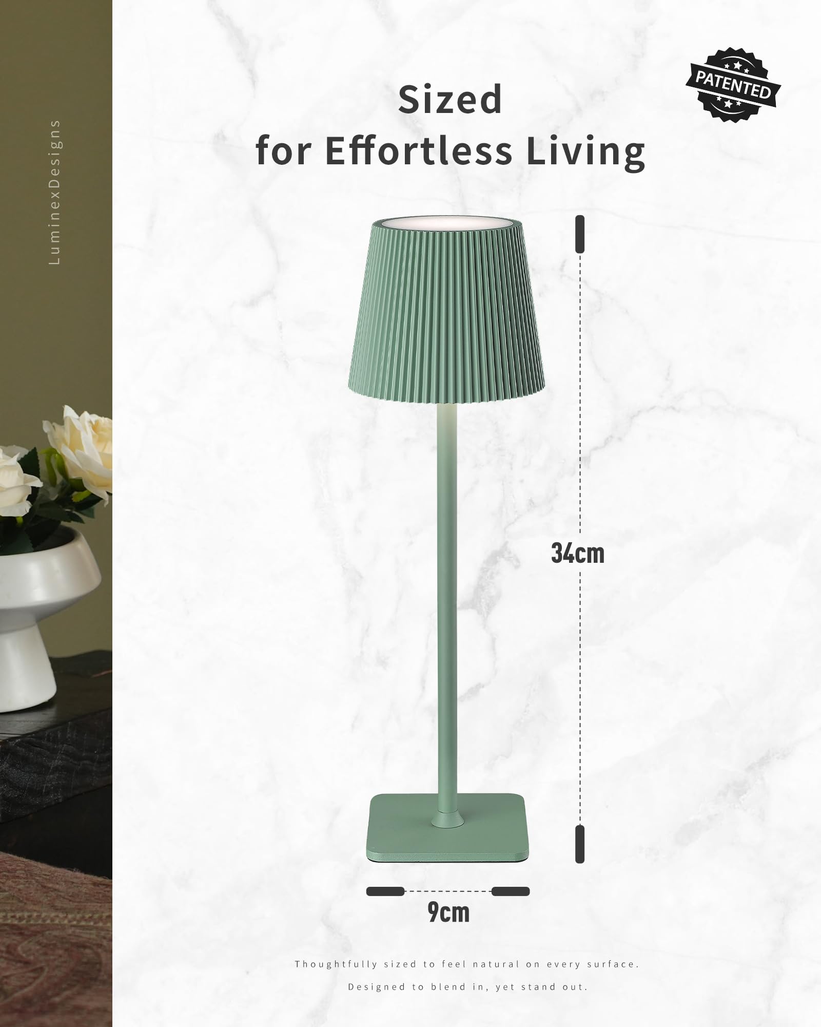 Lampada da tavolo senza fili 1 pezzi Verde VELA TL02 | IP54 | 5200mAh | 3000K-6000K | Touch dimmerabile | 8-10h durata | Giardino, Matrimonio, Terrazza, Cena, Campeggio