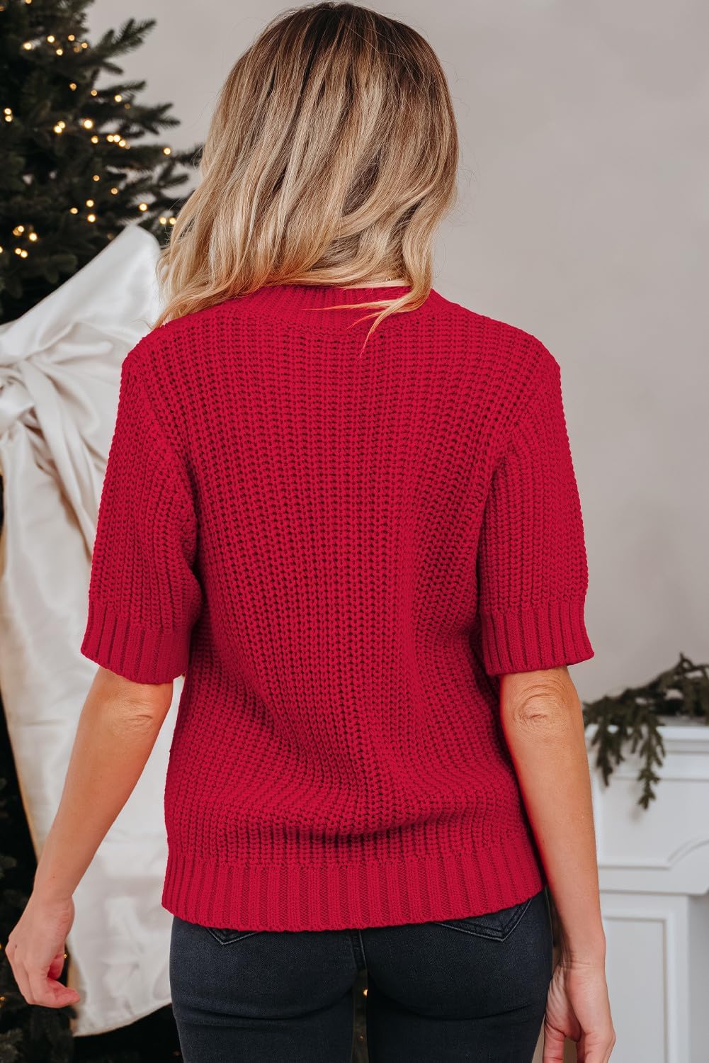 Womens Puff Short Sleeve Sweater Casual Plaid Lace up with Bow Christmas Holiday Shirt Tops - Image 3