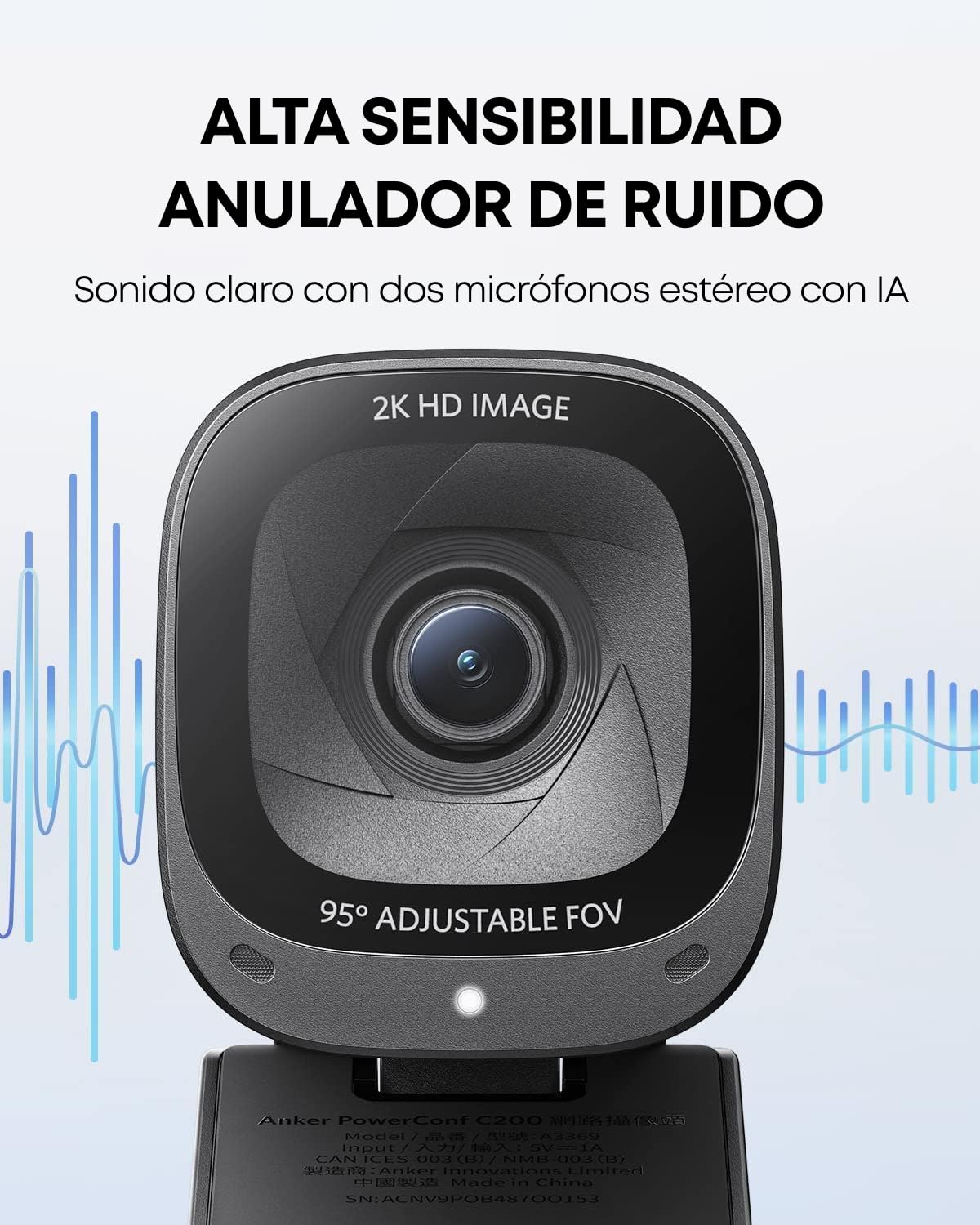 AnkerWork PowerConf C200 2K USB Webcam de Portátil, Cámara de PC, Micros Cancelación Ruido IA, Micros Estéreo, Campo de Visión Ajustable, Corrección Poca Luz, Tapa Incorporada para La Privacidad