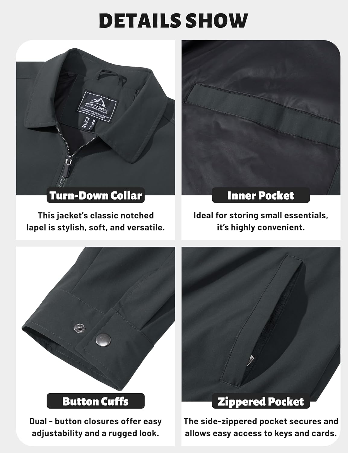 TACVASEN Mens Lightweight Windbreaker Full Zip Up Laydown Collar Jackets Light Casual Coat with Zip Pockets