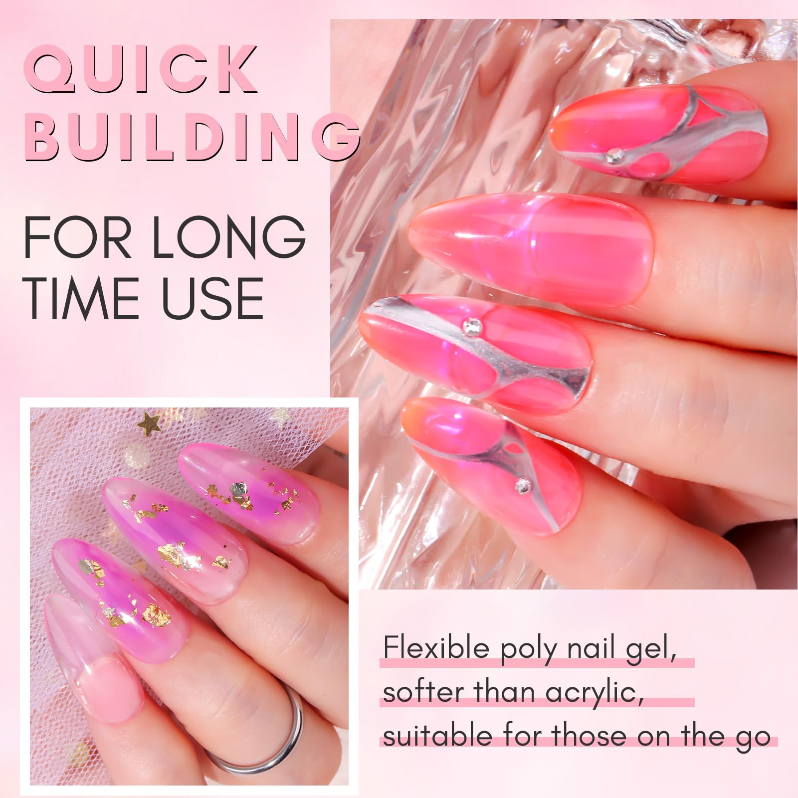 Makartt Poly Nail Gel Kit, 2PCs 50ML Transparent Pink & Hot Pink Colors, Large Capacity Poly Extension Nail Gel Kit, Strong Builder for Extension, 3D Diy Hard Gels Manicures Home Salon: 2 Colors Crystal Clear and Nature Pink