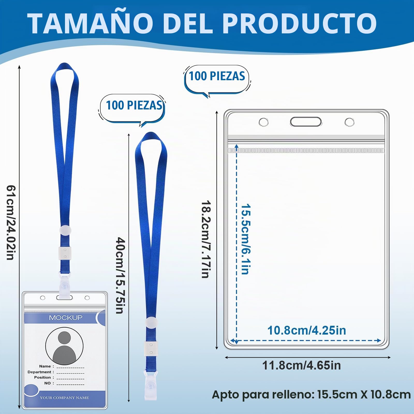 100 Piezas Porta Tarjetas Identificativas A6, 11 x 16 cm, con Cordón y Hebilla Ajustable, Impermeable, Transparente de PVC para Tarjetas Identificativas Vertical, para Oficina Estudiante Exposición