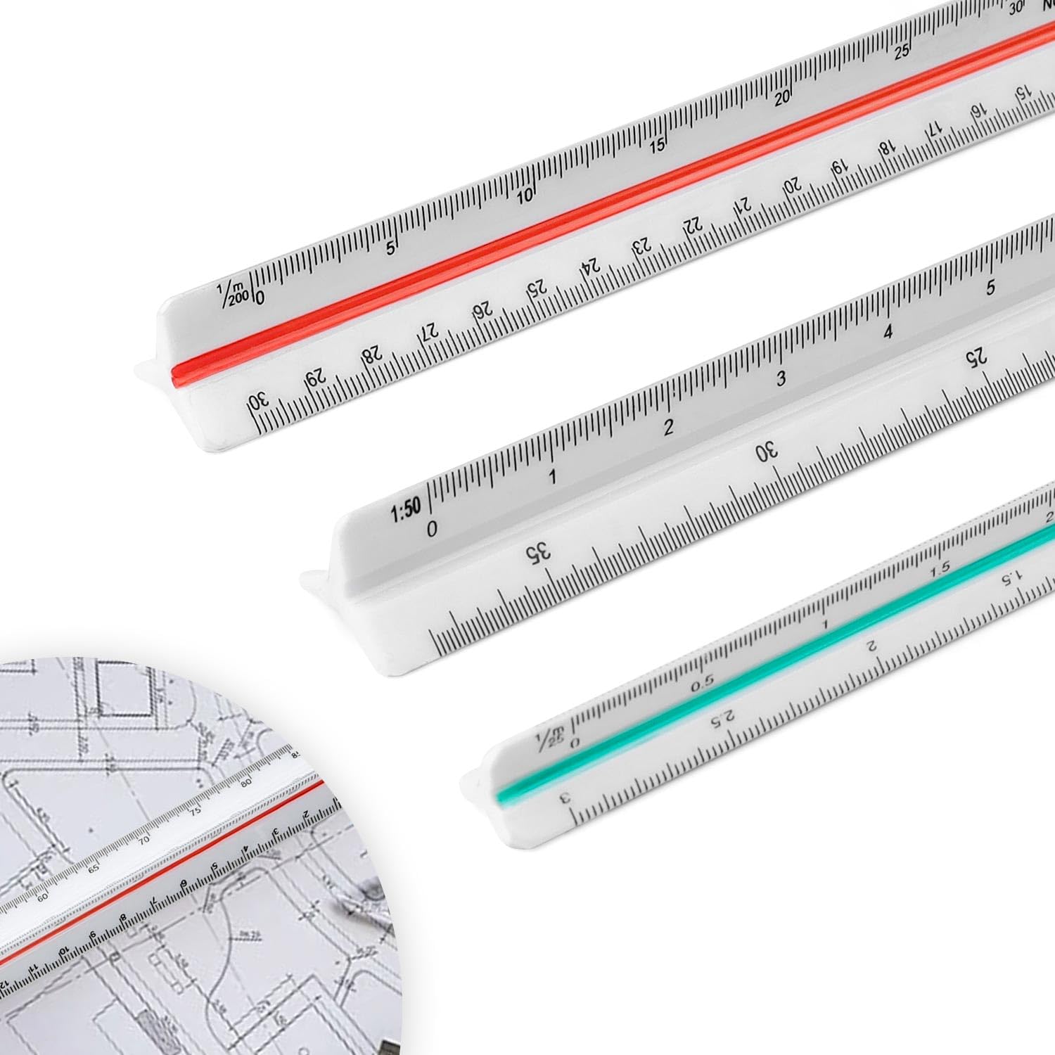 WJUAN 3 Piezas Regla, Reglas Dibujo Tecnico, Regla 30 CM,1:20, 1:25, 1:50, 1:75, 1:100, 1:125, 1:200, 1:250, 1:300, 1:400, 1:500, Regla Flexible Ldeal Para Arquitectos, Delineantes, Ingenieros