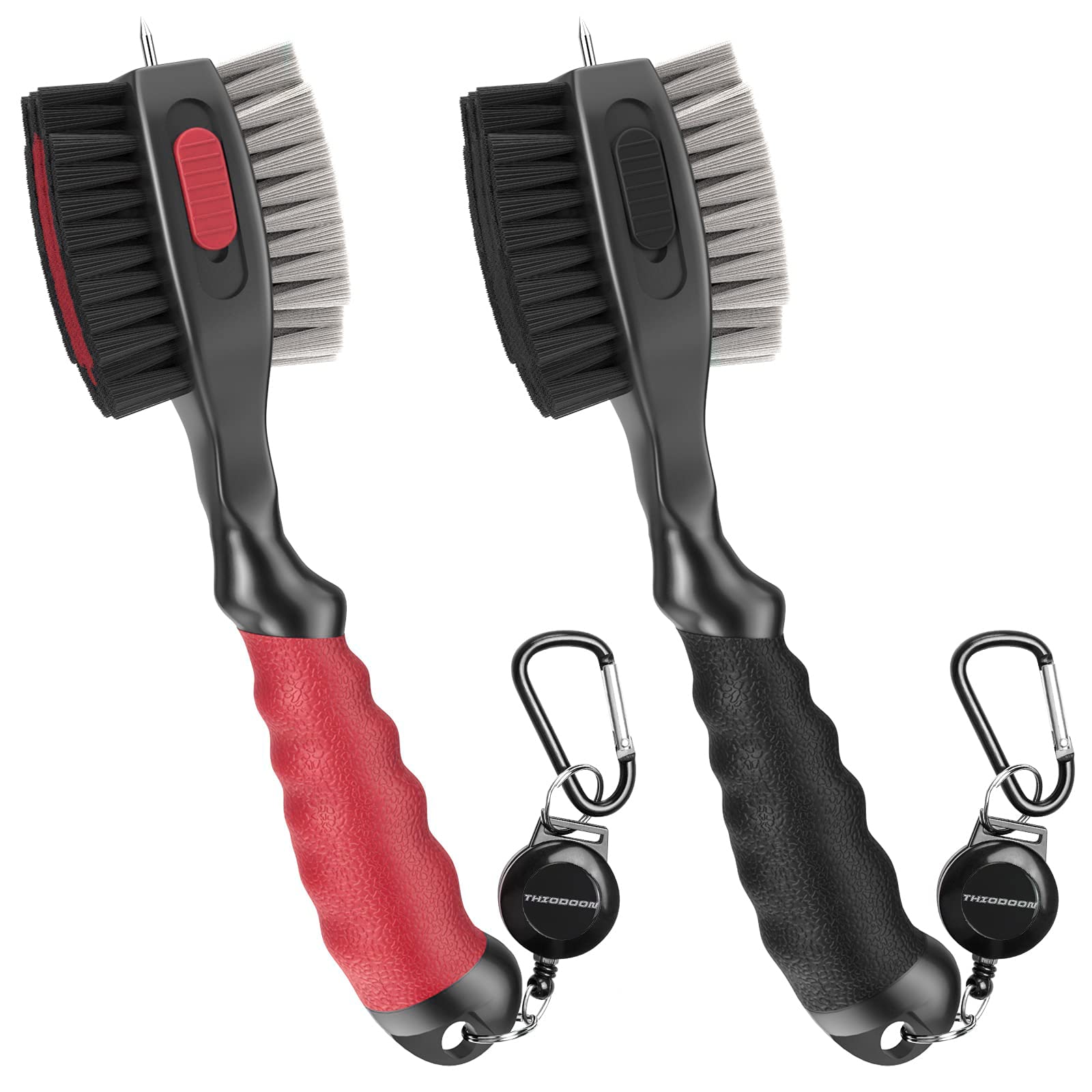 THIODOON2 Pack Golf Club Brushes and Groove Cleaner 2 ft Retractable Zipline Carabiner Golf Brush Head with Retractable Spike Comfortable Grip Golf Club Cleaner