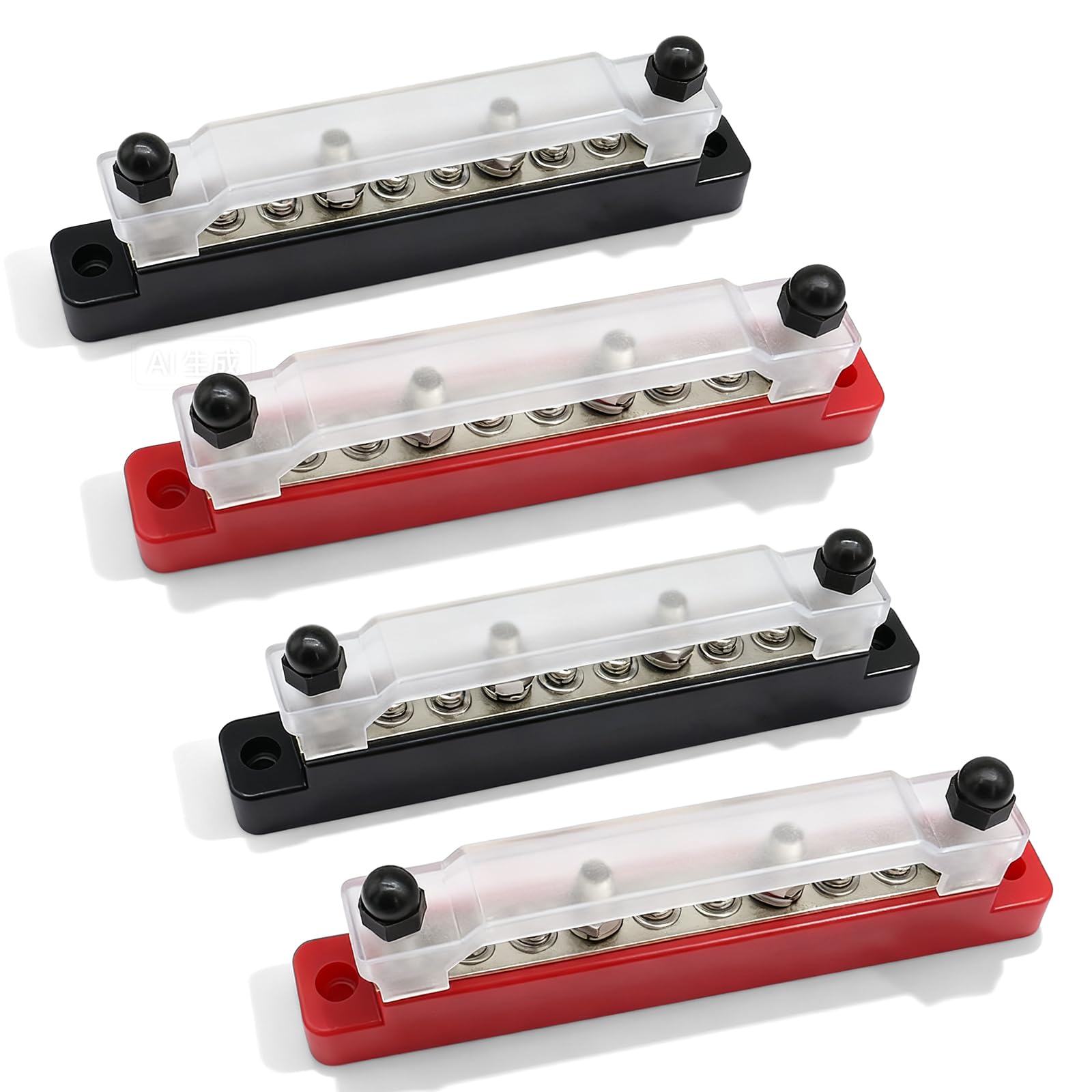 4 pezzi di blocco distributore di barra collettrice, blocco di distribuzione di corrente CC 12V-48V con copertura, blocco di barra collettrice da 150A con 6 x M4 e 4 x M6 morsetti a bullone