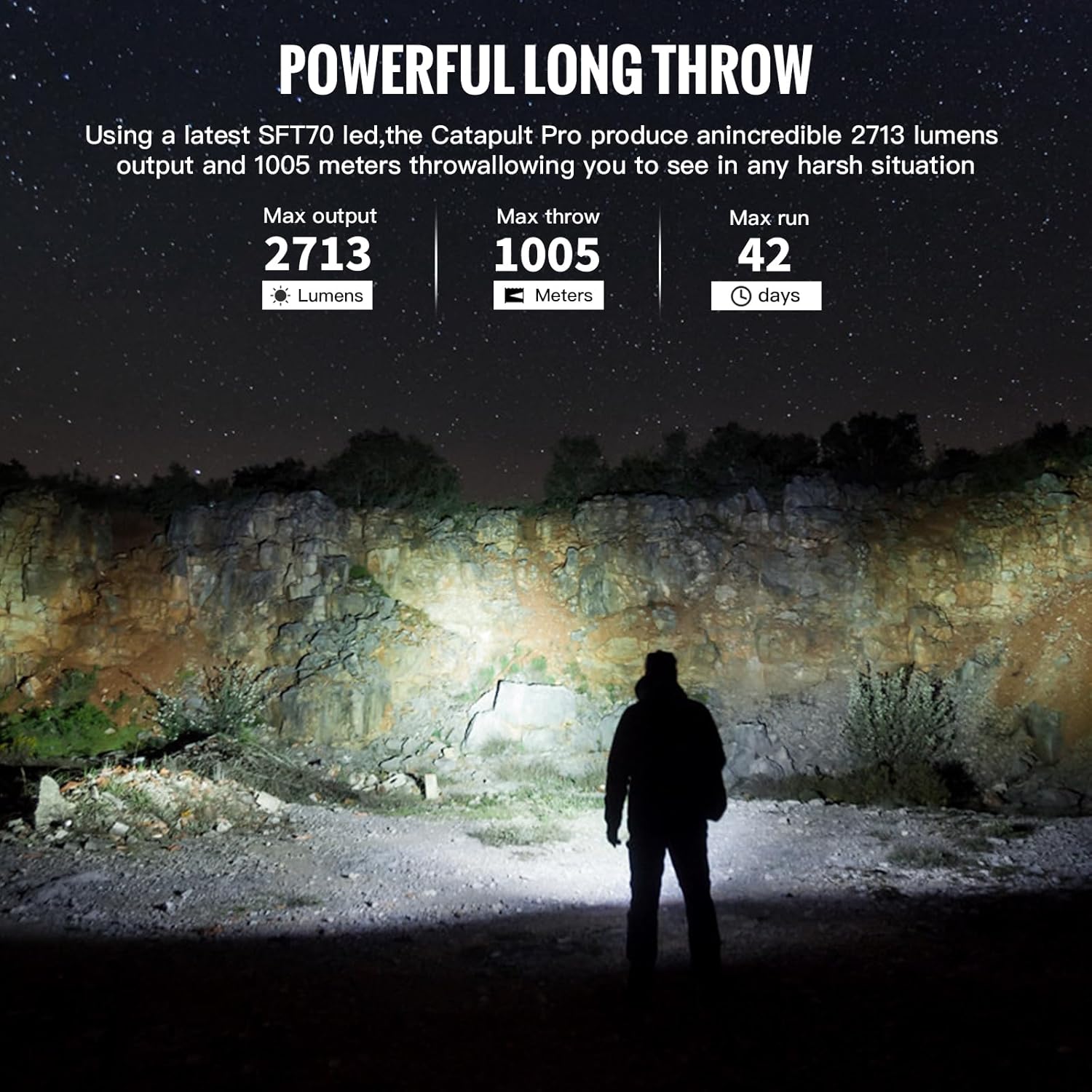 ThruNite Catapult Pro Rechargeable Flashlight, SFT70 LED, 1005 Meters Throw, 2713 High Lumens Bright Searchlight, Long Beam Distance Spotlight for Hiking, Camping, and Hunting - CW