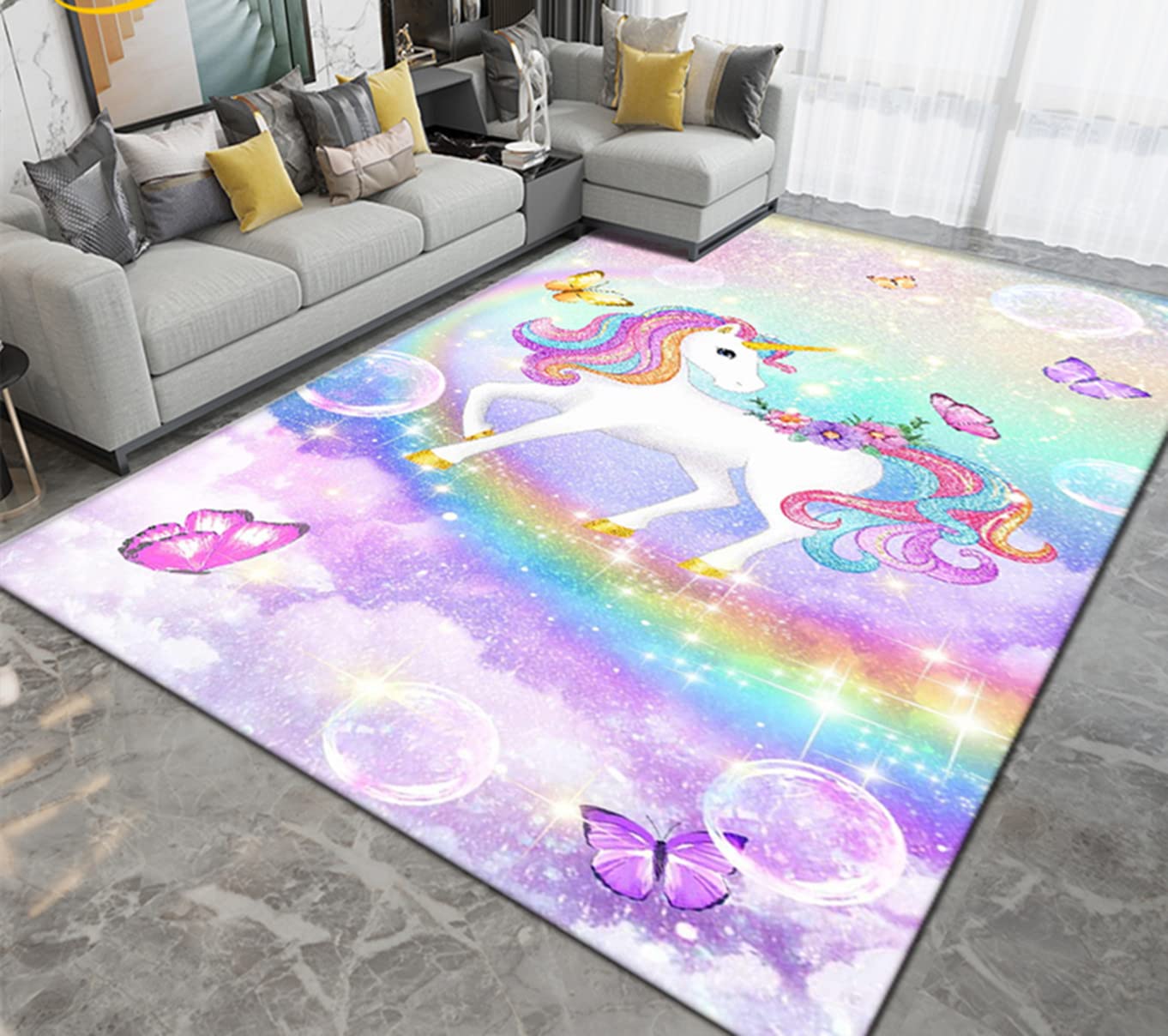 Tappeto di Unicorno del Fumetto Ragazza Ragazzo Tappetino Per Camera Da Letto Corridoio Sala Da Pranzo Tappetino Per Bambini Antiscivolo Rosa Viola Blu Tappeto da Soggiorno (Multi 1,140x200 cm)