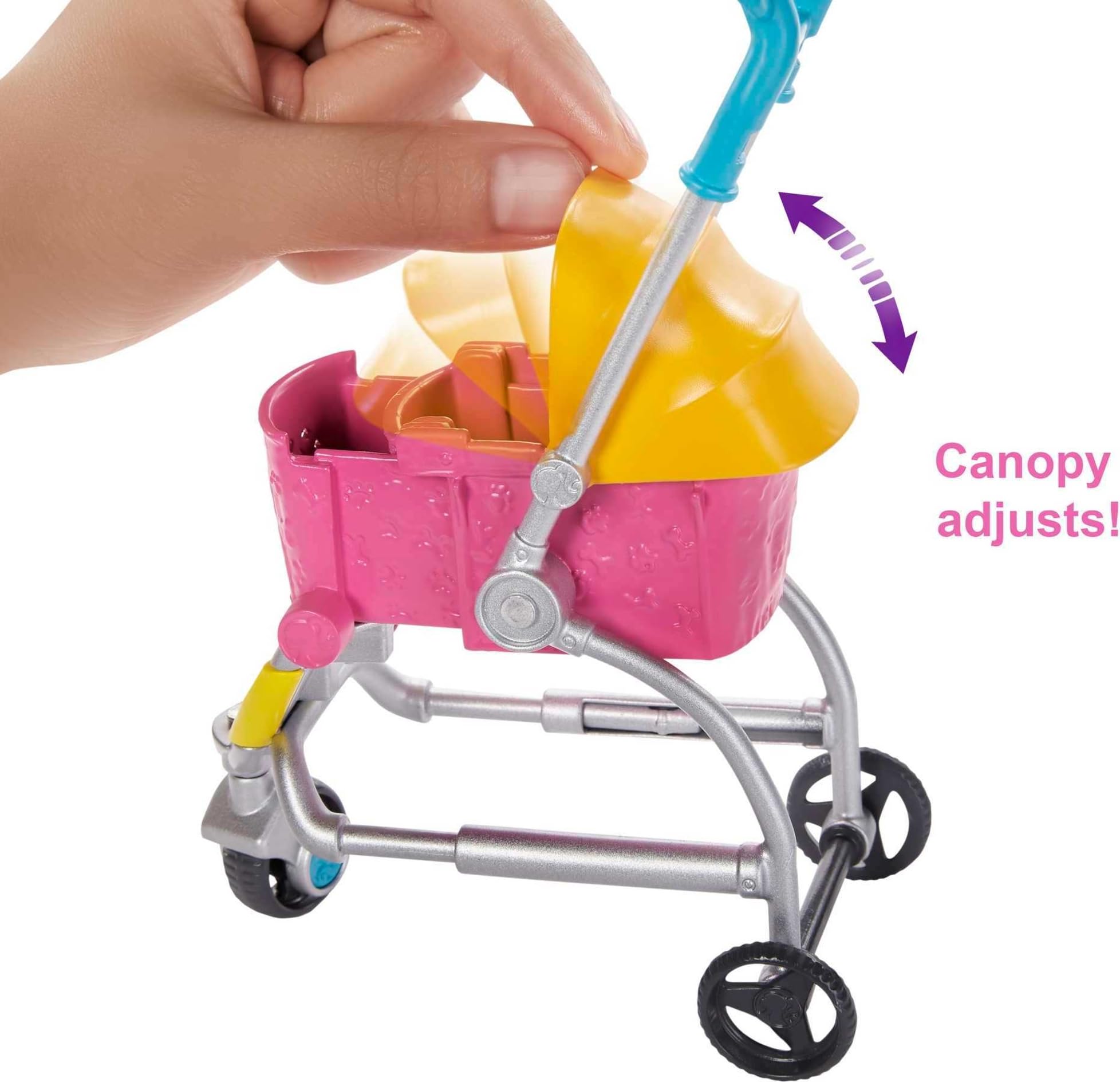 Barbie GHV92 - Hundebuggy Spielset mit Blonder Puppe (ca. 30 cm), 2 Hündchen, einem Buggy für die Hündchen und Zubehör, Spielzeug Geschenk für Kinder von 3 bis 7 Jahren