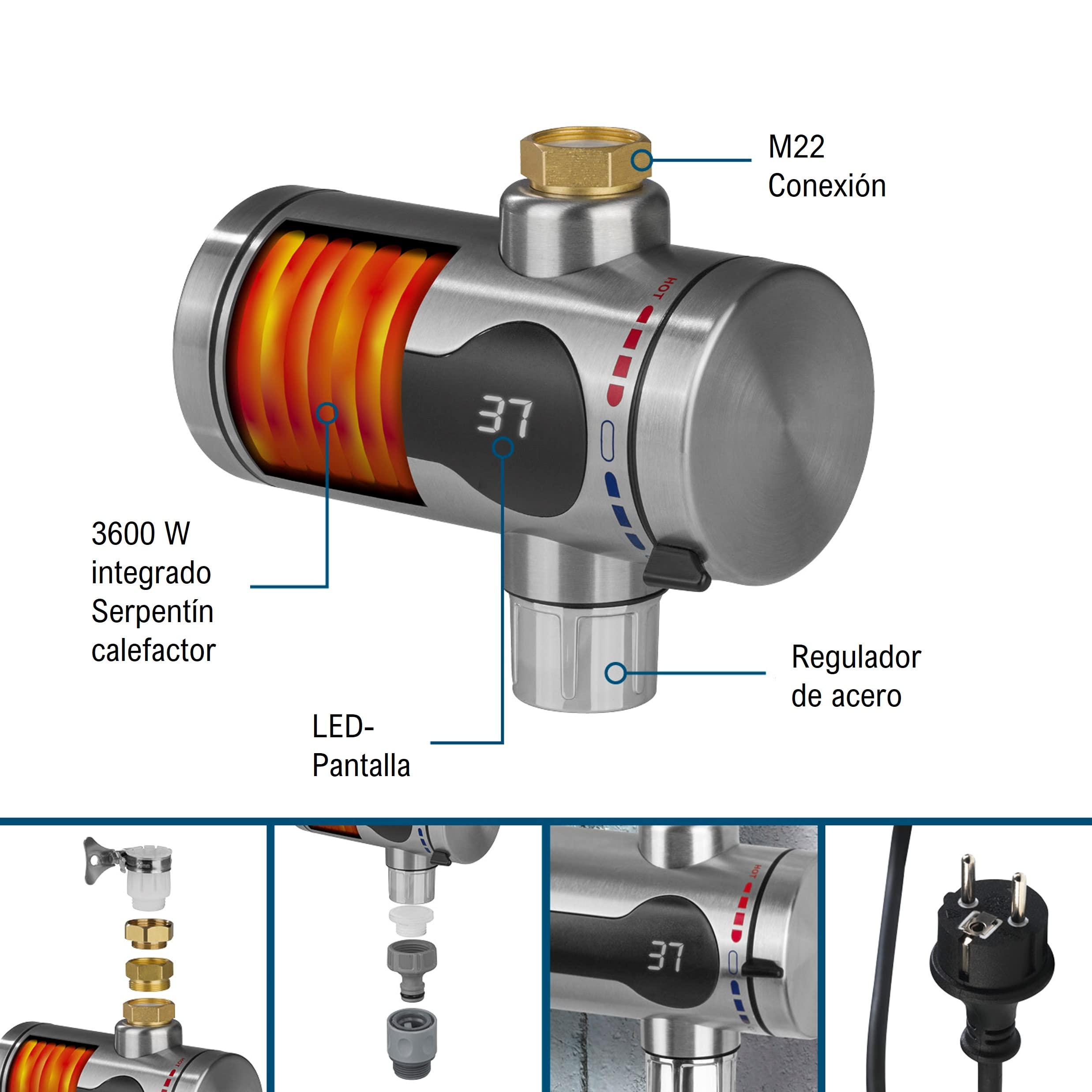 Hoberg Calentador eléctrico de agua instantáneo | Calentamiento rápido | Con indicador de temperatura | Para interior y exterior | Sin depósito de agua [máx. 3600 W]