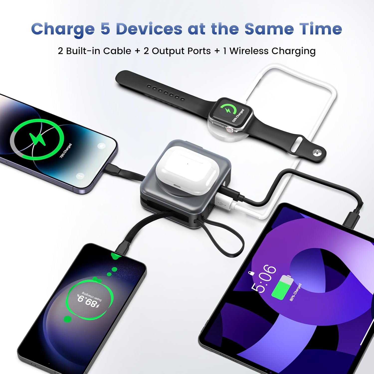 for Magsafe Portable Charger with AC Wall Plug, 6-in-1 Magnetic Wireless Power Bank 10000mAh Built-in Cables, 22.5W Type-C in&Out Fast Charging Battery Pack for iPhone 17/16/15/14/13/12 Series, Gray - Image 2