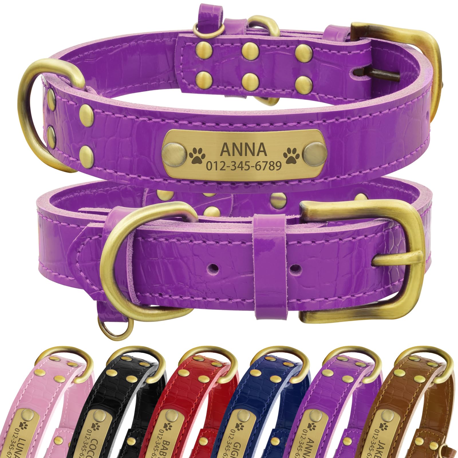 Senristar Personalised Genuine Leather Dog Collar with Engraved Name Plate - Durable and Stylish Custom Dog Collar for Small, Medium, and Large Dogs (XL,Purple)