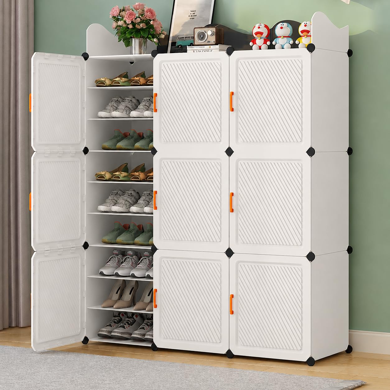 Mevigo Plastic Shoe Rack for Home with Door | 27-Tier Stackable Shoe Organizer | Holds 54 Pairs | Waterproof & Dustproof | DIY Modular Shoe Cabinet | Chappal Slipper Stand for Bedroom, Entryway