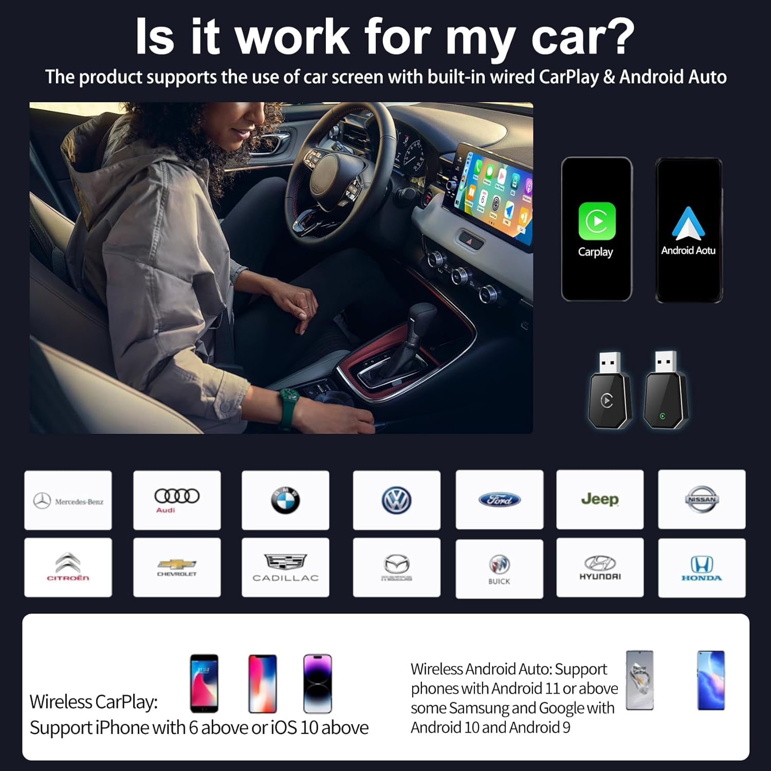 Wireless Carplay Adapter, Android Auto Adapter Plug and Play 2025 Carplay, Convert Wired to Wireless Supports Car Original Control, Mini Car Play Box for Cars