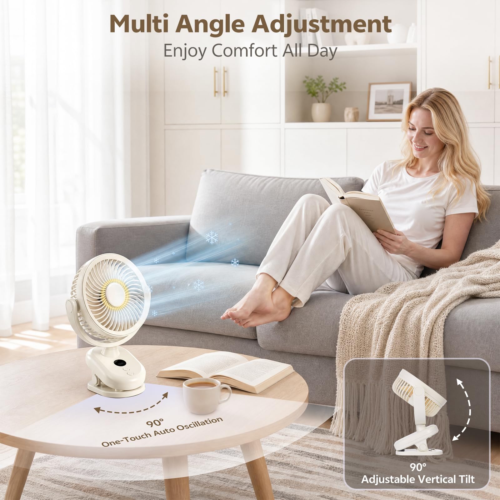 Ventilatore Piccolo da Tavolo con Clip e Luci LED, Miniventilatore USB da Scrivania a Batteria da 5000mAh, 1-100 Velocità Regolabili, Ventilatore Ricaricabile Portatile per Passeggino Auto Campeggio