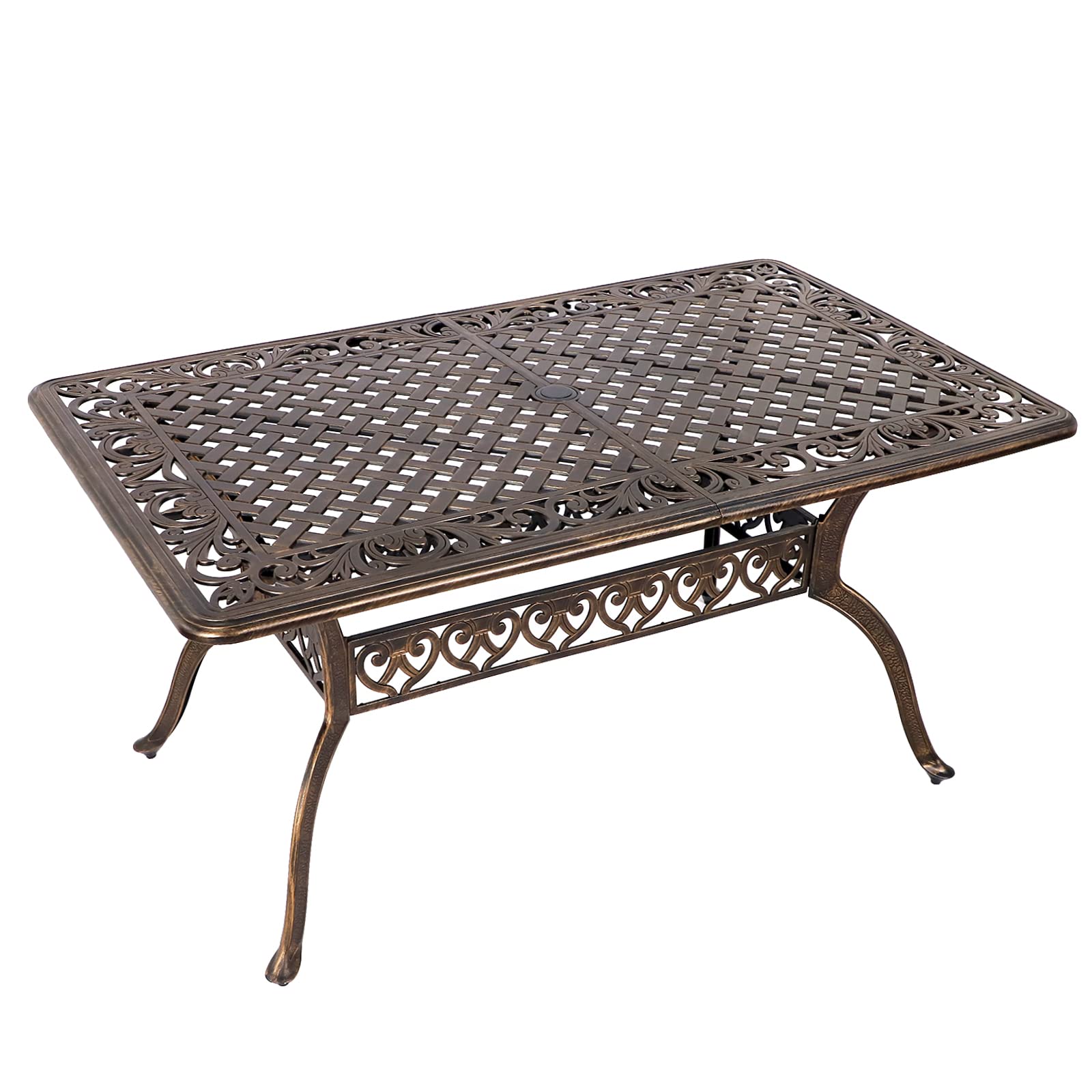 Grepatio Patio Dining Table Outdoor Cast Aluminum Rectangular Table Weather-Resistant People Party Large Table with 2" Umbrella Hole for Lawn Backyard Garden, Black and Bronze 59.06“x35.24"x28.35"