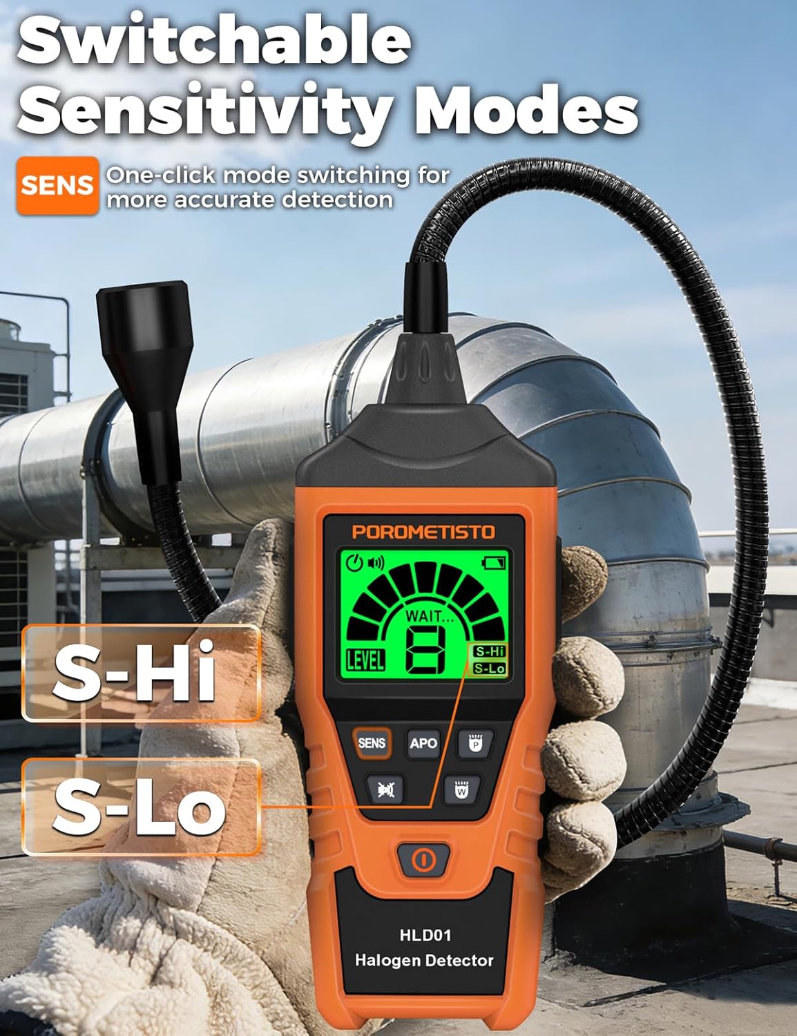 2 in 1 Rechargeable Halogen Detector POROMETISTO,Detect CFCs,HFCCS,HFCS,HFOS, 2 Sensitivity Mode Refrigerant Leak Detector Tri-Color and Alarm Function,Leak Detector for Cold Storage,Air Conditioning