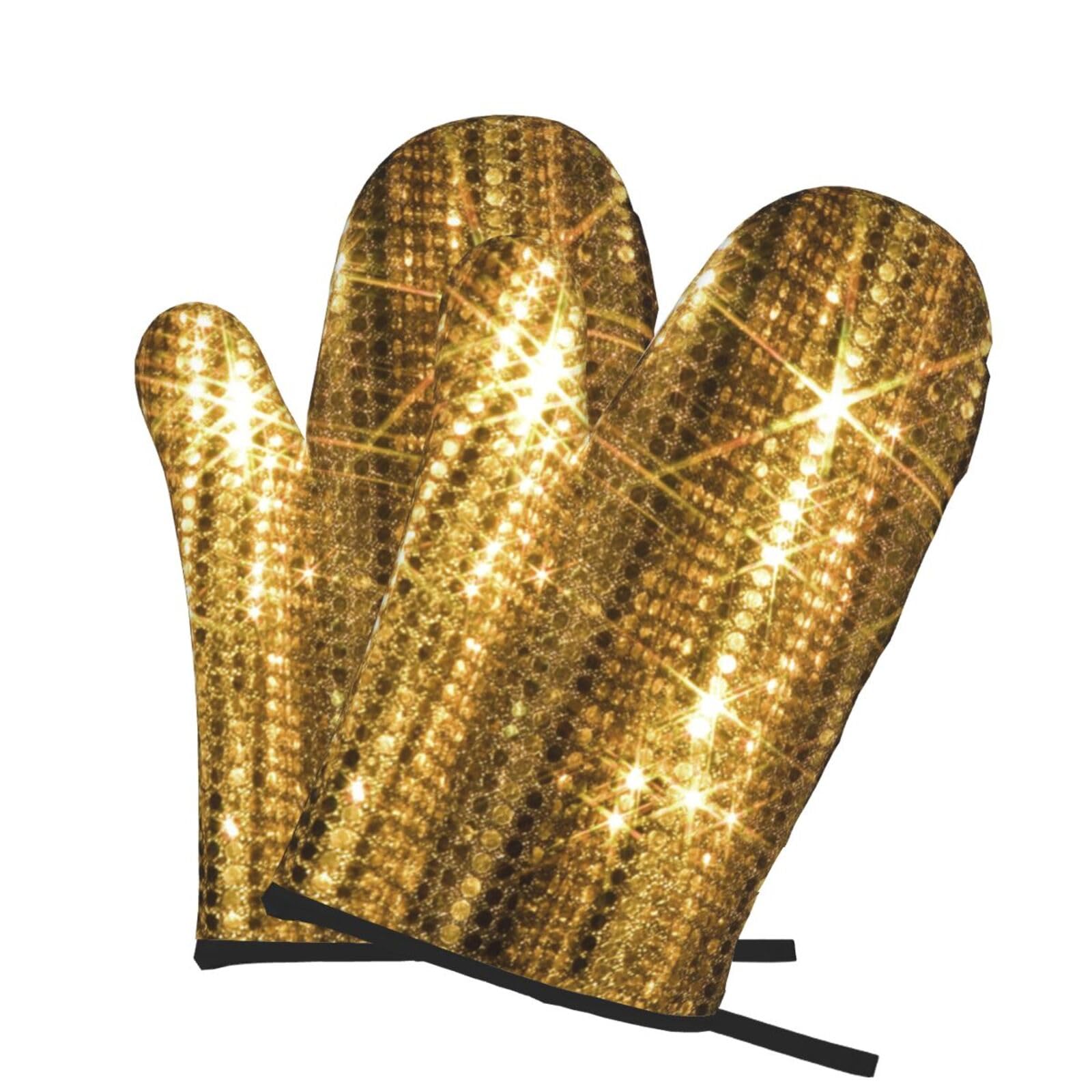 Oven Mitts Set of 2 Pcs, Gold Sequin Sparkle Prints Heat Resistant Kitchen Gloves for Cooking Baking Grilling