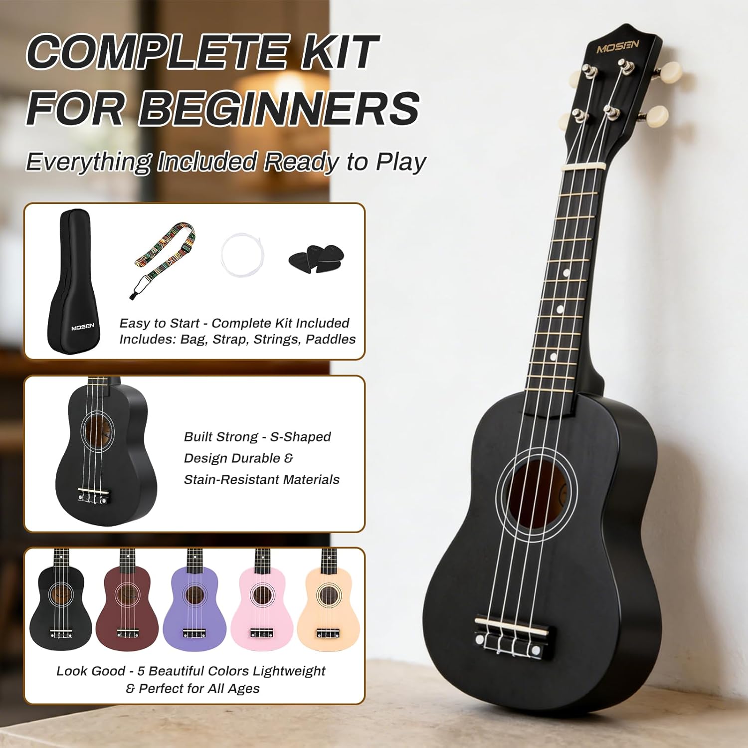 MOSEN Ukulele for Beginners 21 Inch All in One Kit Beginner Professional Ukulele Including Straps, Strings, and Paddles (Black)