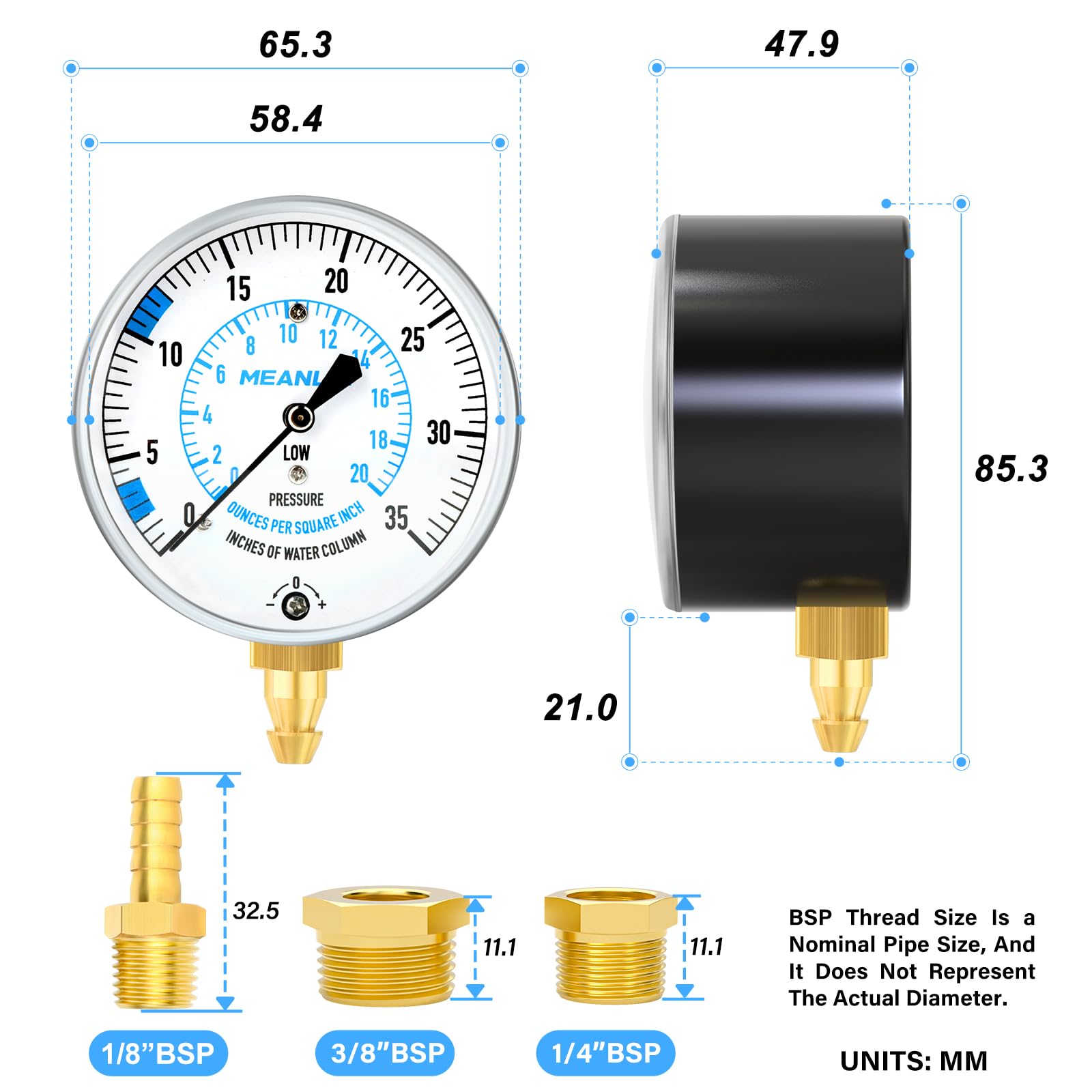 MEANLIN MEASURE Kit per test di pressione del gas collettore WC da 0 a 35 pollici, kit manometro per gas naturale o gas LP con tubo da 101,6 cm, raccordo BSP da 1/8" con connessione spinata e boccola