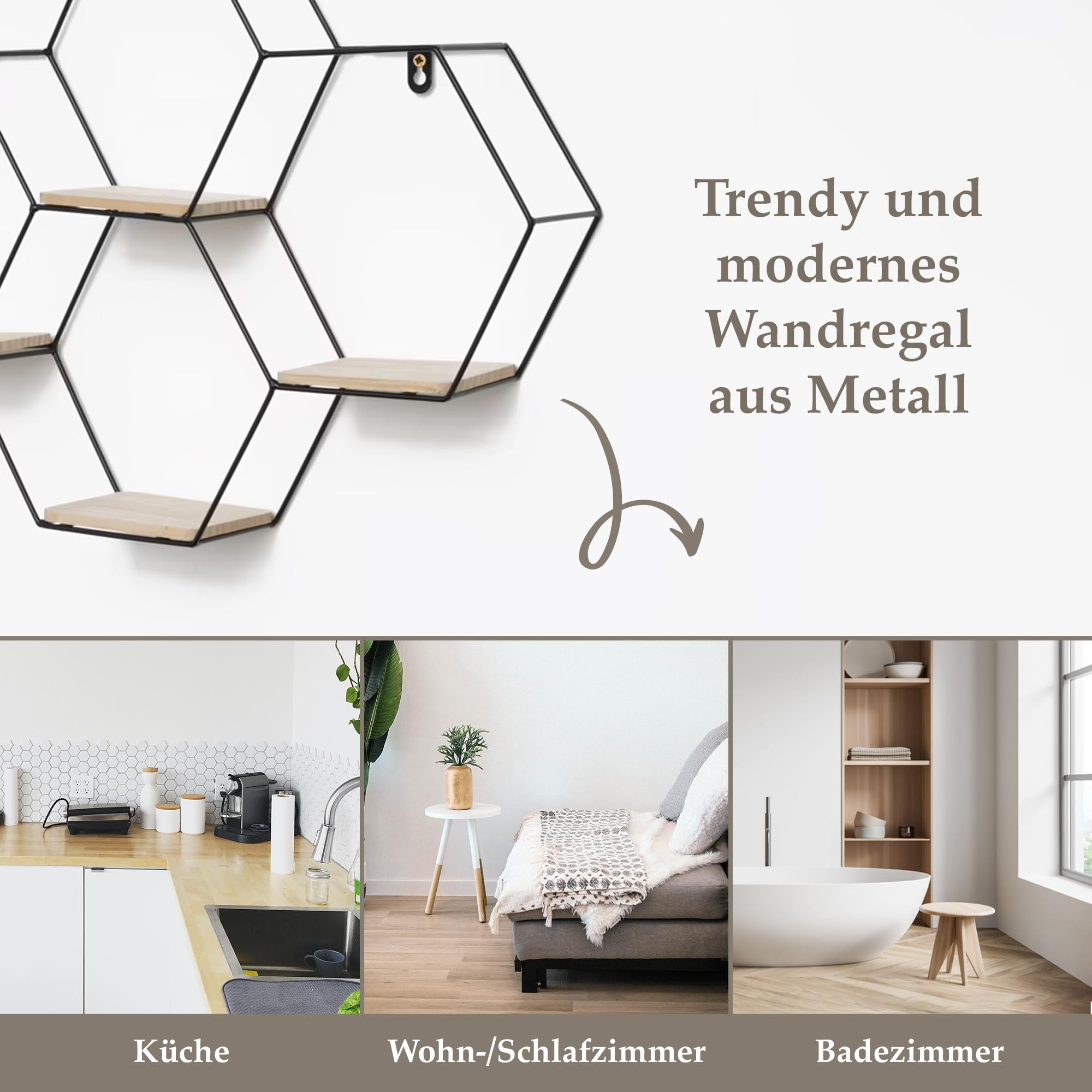 Vivol IVOL Waben Wandregal Schwarz 40,5x58 cm, Hexagon Metall Wandregal mit 4 Holzböden, hängendes Dekoregal, modernes Wohnzimmer Regal für Wanddeko, Schlafzimmer, Flur, Büro & stilvolle Deko