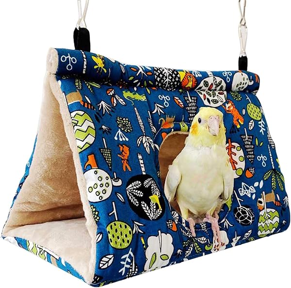 鳥たちの寝床 三角ハウス バードテント ハンモック 吊りベッド インコ おもちゃ 鳥の巣 寝袋 文鳥 鸚鵡 小動物 ハウス 冬 ペット用品 厚み ふわふわ 暖かい 洞窟 遊び場 保温 寒さ対策 鳥の おもちゃ 鳥用品(L,穴のスタイル) - 1