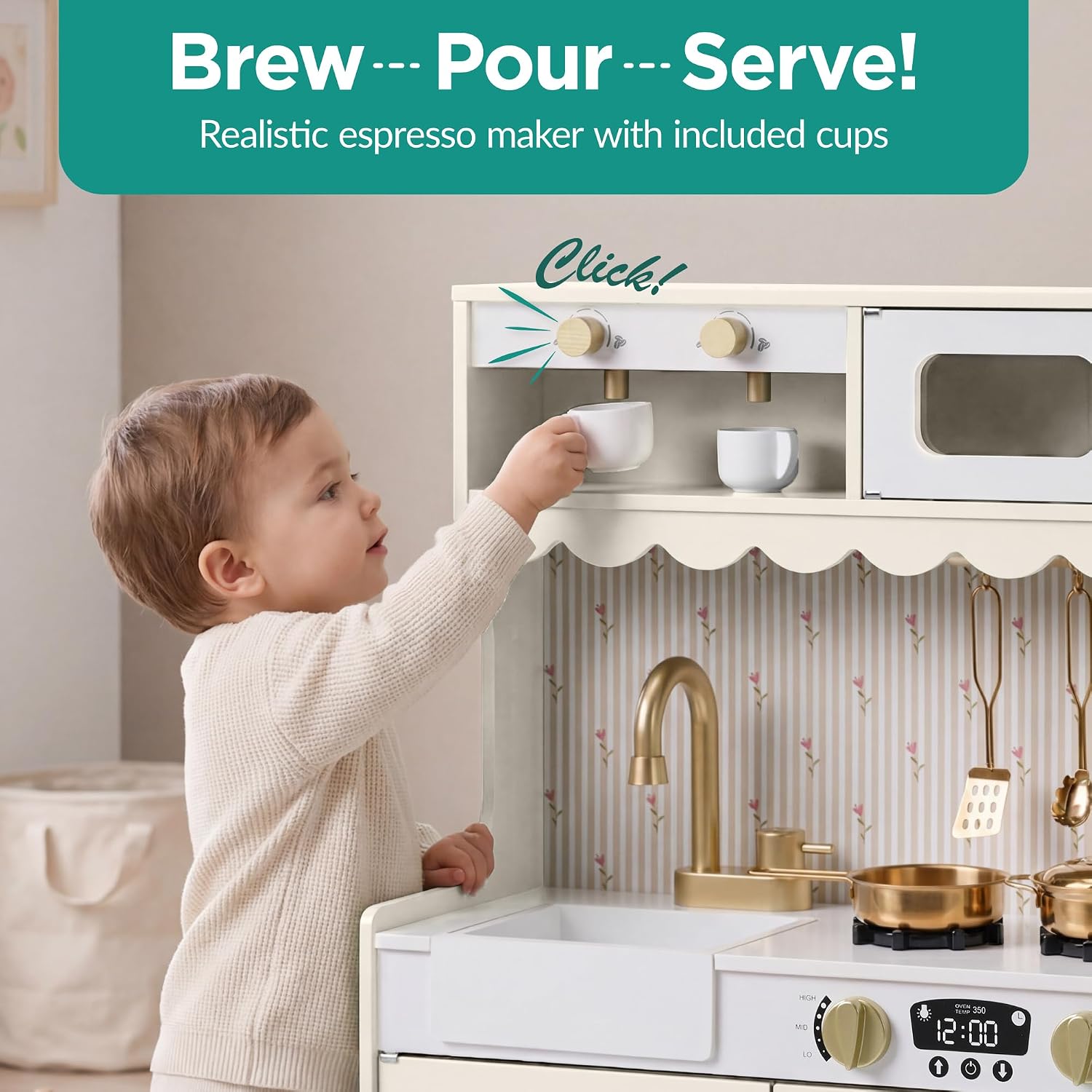 Best Choice Products Play Kitchen for Kids, Cottage Style Kids Kitchen Playset for Toddlers, Pretend Play Toy Kitchen w/ 11Pcs, Espresso Machine, Microwave, Oven, Refrigerator w/Ice - Cream