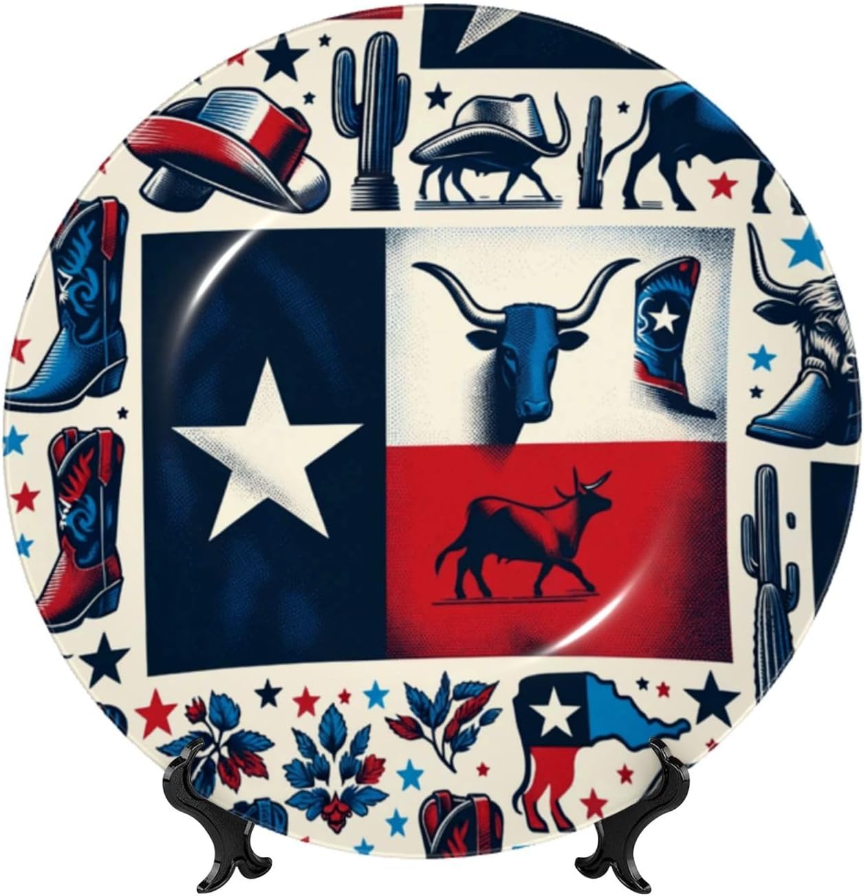 Texas-Elements-Flag 10 Inch Decorative Plate With Stand, Elegant Display Wall Plate For Home Decor