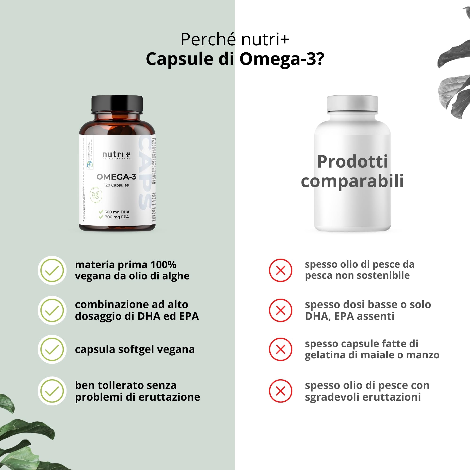 Nutri+ Vegan Omega-3-2000 mg di Olio d' Alga alto Dosaggio 600 mg di DHA e 300 mg di EPA - Capsule vegane di Omega-3 alta Qualità - testate in Laboratorio - 120 Caps