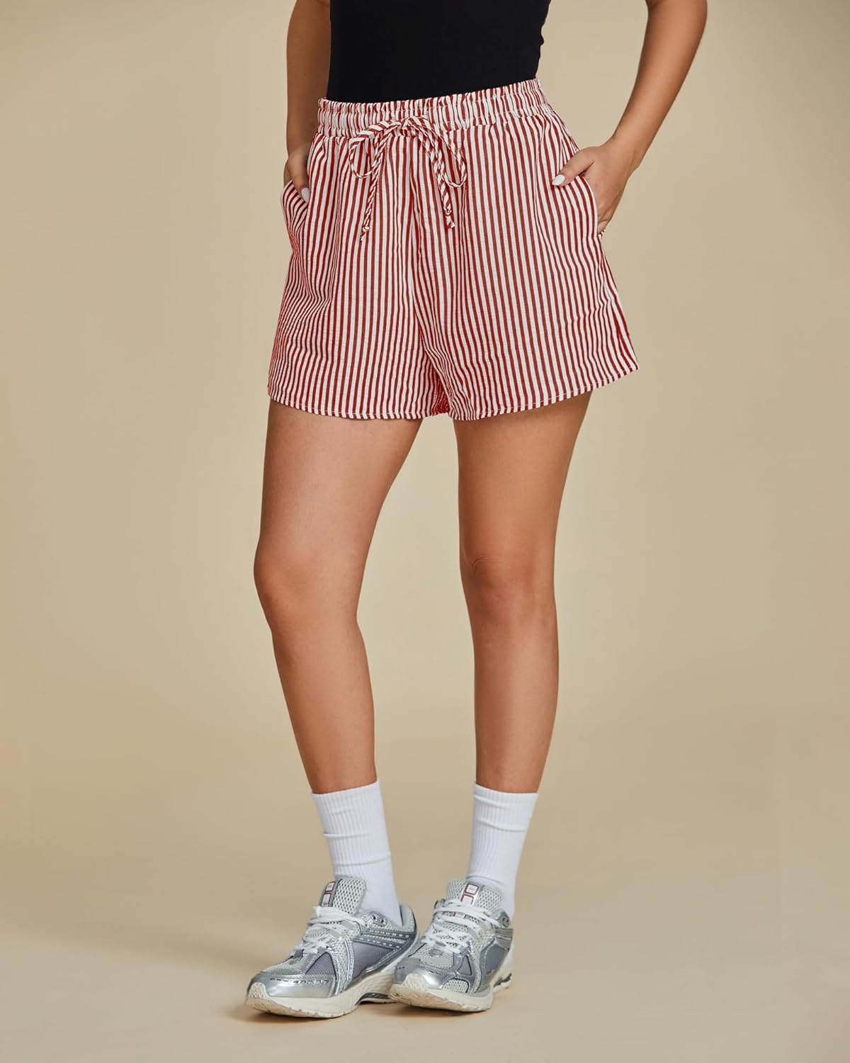 luvamia Striped Shorts for Women High Waisted Beach Casual Drawstring Pull On Elastic Waist Summer Shorts with Pockets - Image 2