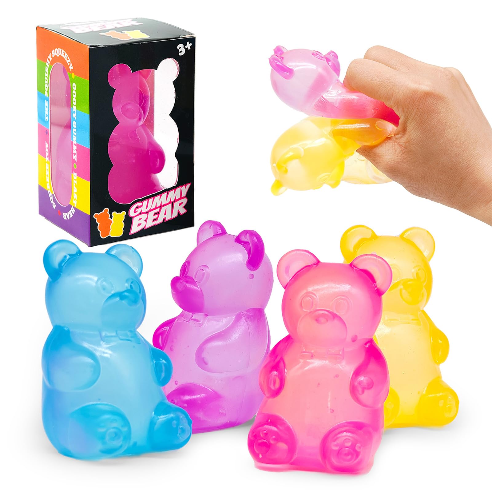 4 PCS Gummy Bear Toy,Squishy Stress Relief Toys,Sensory Squeeze Bear Squeeze Toy,Fidget Squishy Toys for Anxiety Relief,Students Adults Creative Party Gift (Blue Pink Orange Purple)