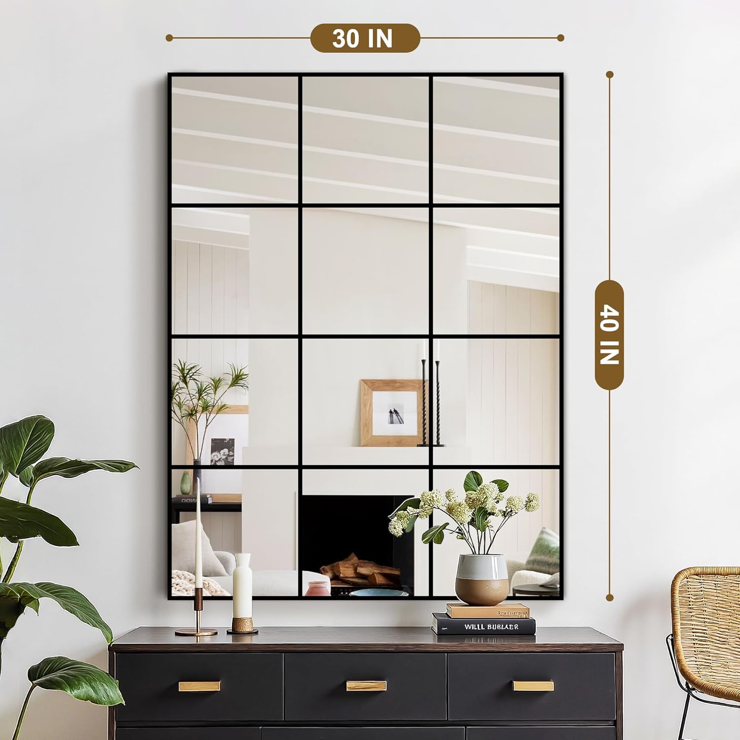Window Mirrors for Wall Decor, Wall Mirrors Decorative Window Pane 30 x 40, Rectangular Metal Framed Wall Mounted Mirrors for Bedroom, Living Room, Dining Room, Entryway, Bathroom, Fireplace Black 40"L x 30"W