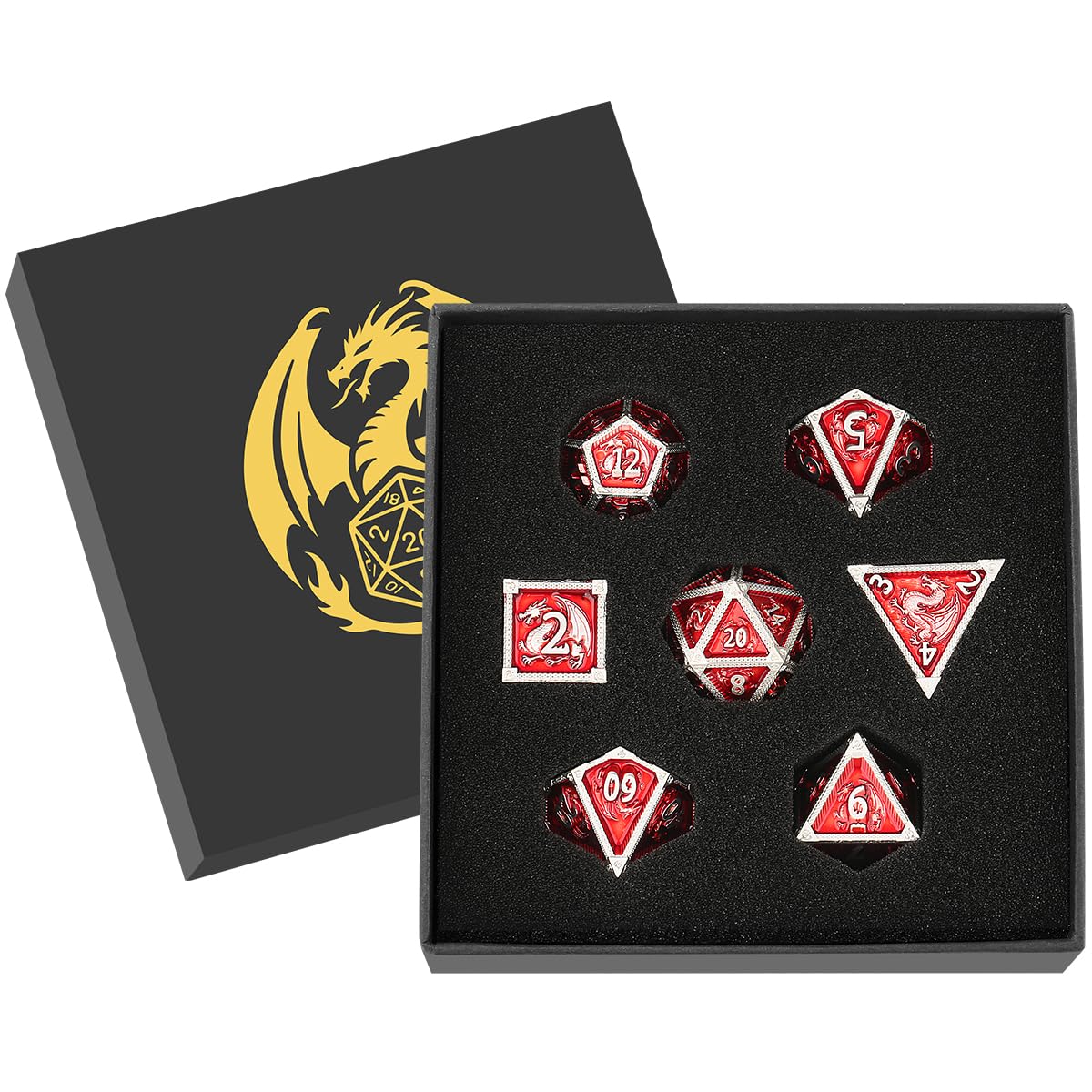 Set di Dadi in Metallo D&D, Modello Drago, 7 pezzi Dadi Poliedrici in Metallo, Accessori per Giochi di Ruolo, Giochi da Tavolo, Regali DND con Scatola Regalo, D20, D12, 2 D10 (00-90 e 0-9), D8, D6, D4
