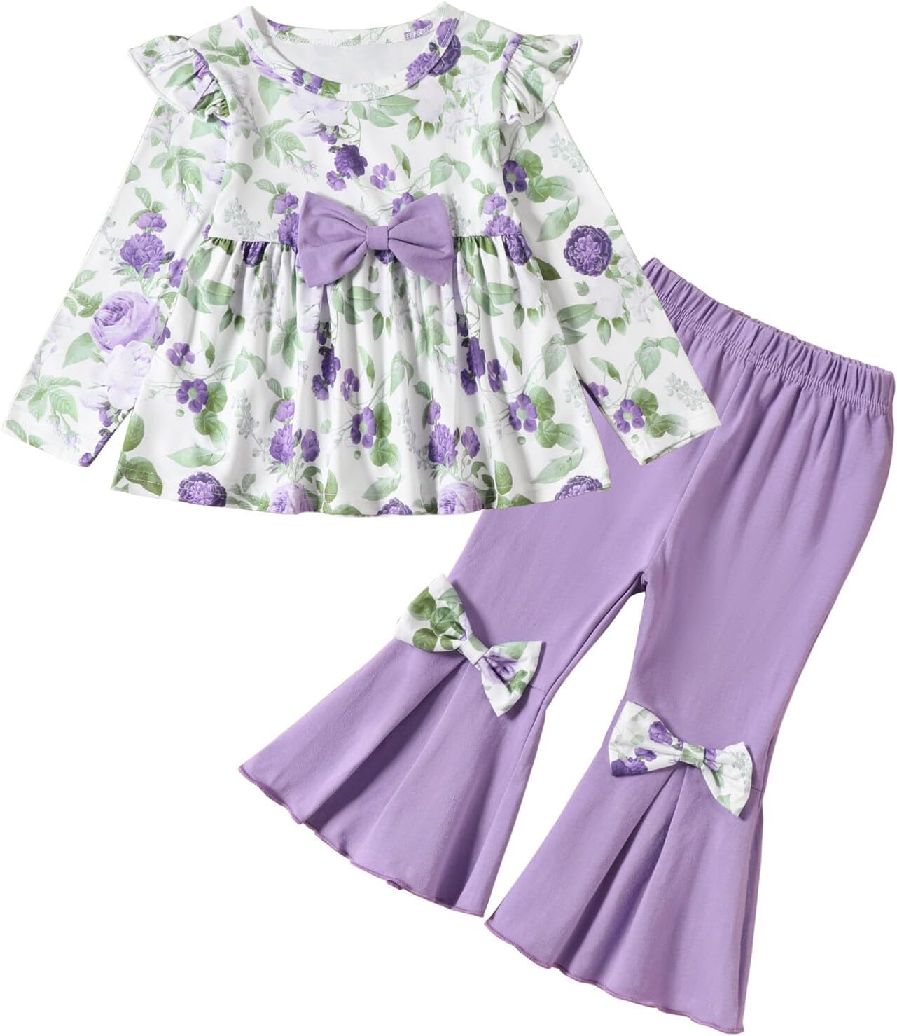 DREAM BUS Toddler Baby Girl Clothes Sets Fall Winter Pants Outfits Floral Ruffle Long Sleeve Top Cotton Bell Bottoms