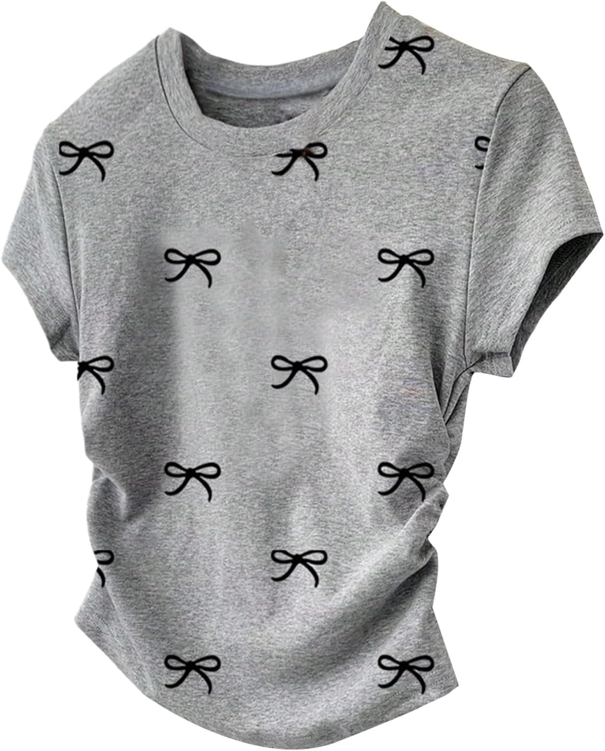 OYOANGLE Girl's Bow Tops Graphic Tee Short Sleeve Crew Neck Side Ruched Tshirts