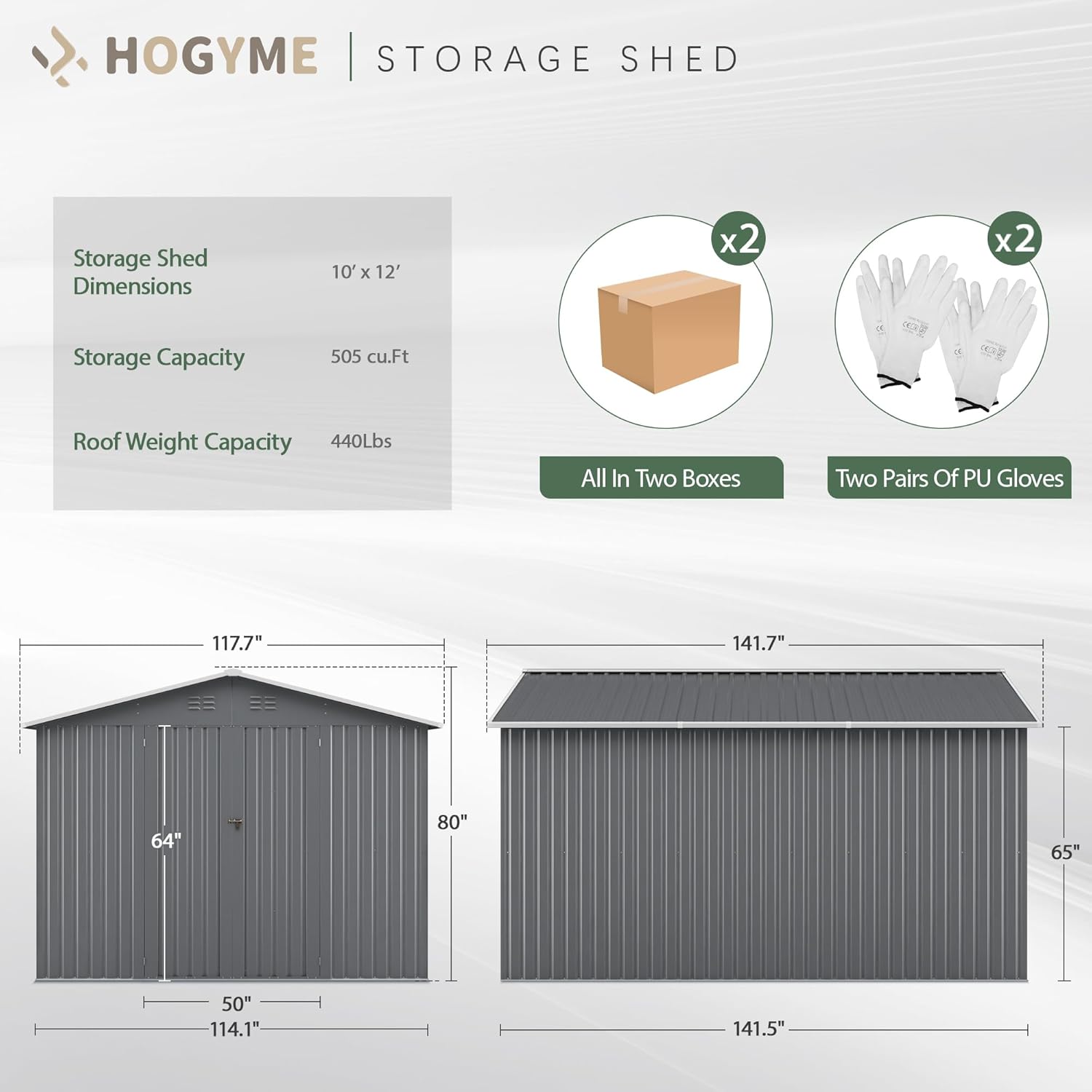 Diagram showing shed dimensions, two packages, and two pairs of gloves
