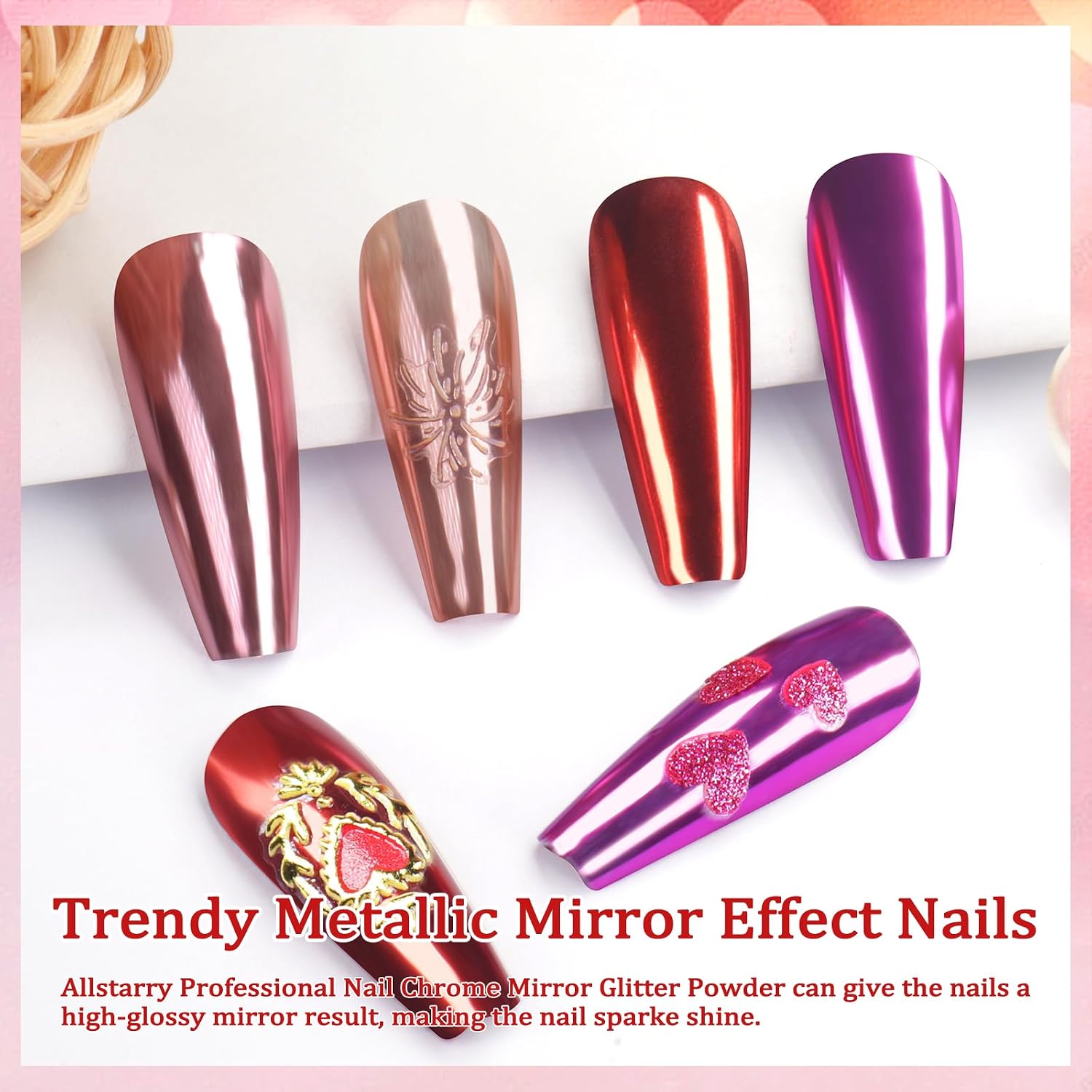 Allstarry Pink Chrome Nail Powder Metallic 4 Colors Valentines Nail Pigment image 2