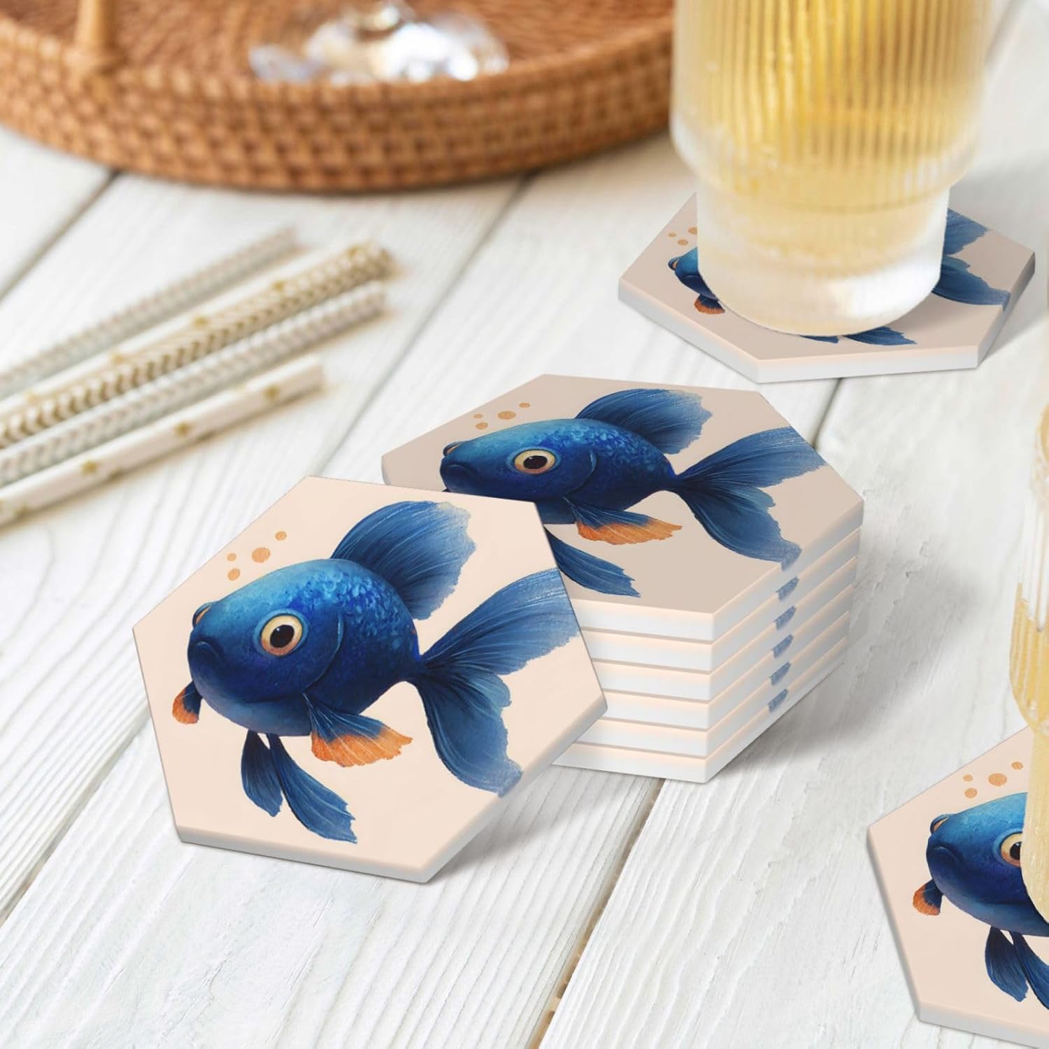 (Cute Blue Fish) Ceramic Coasters Set of 6 with Holder Non-Slip Hexagon Coffee Coasters for for Cup Mug Drink Patio Coffee Table Decor, Christmas Coasters Home Bar Supplies